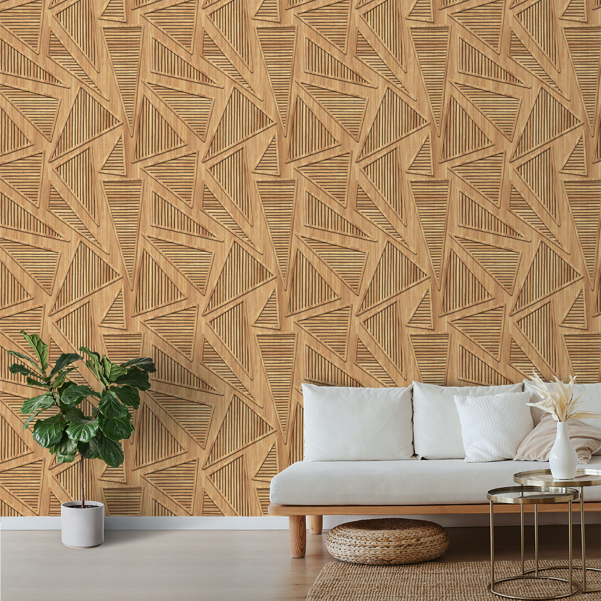 A close-up of a 3D Wooden Looks Geometric Panels for Room Walls 19.6 Inches(W) x 420 Inches(H) Atarangi Series 3D Patterned - 57 Sq. Ft. with a finish available at Material Depot in Bangalore