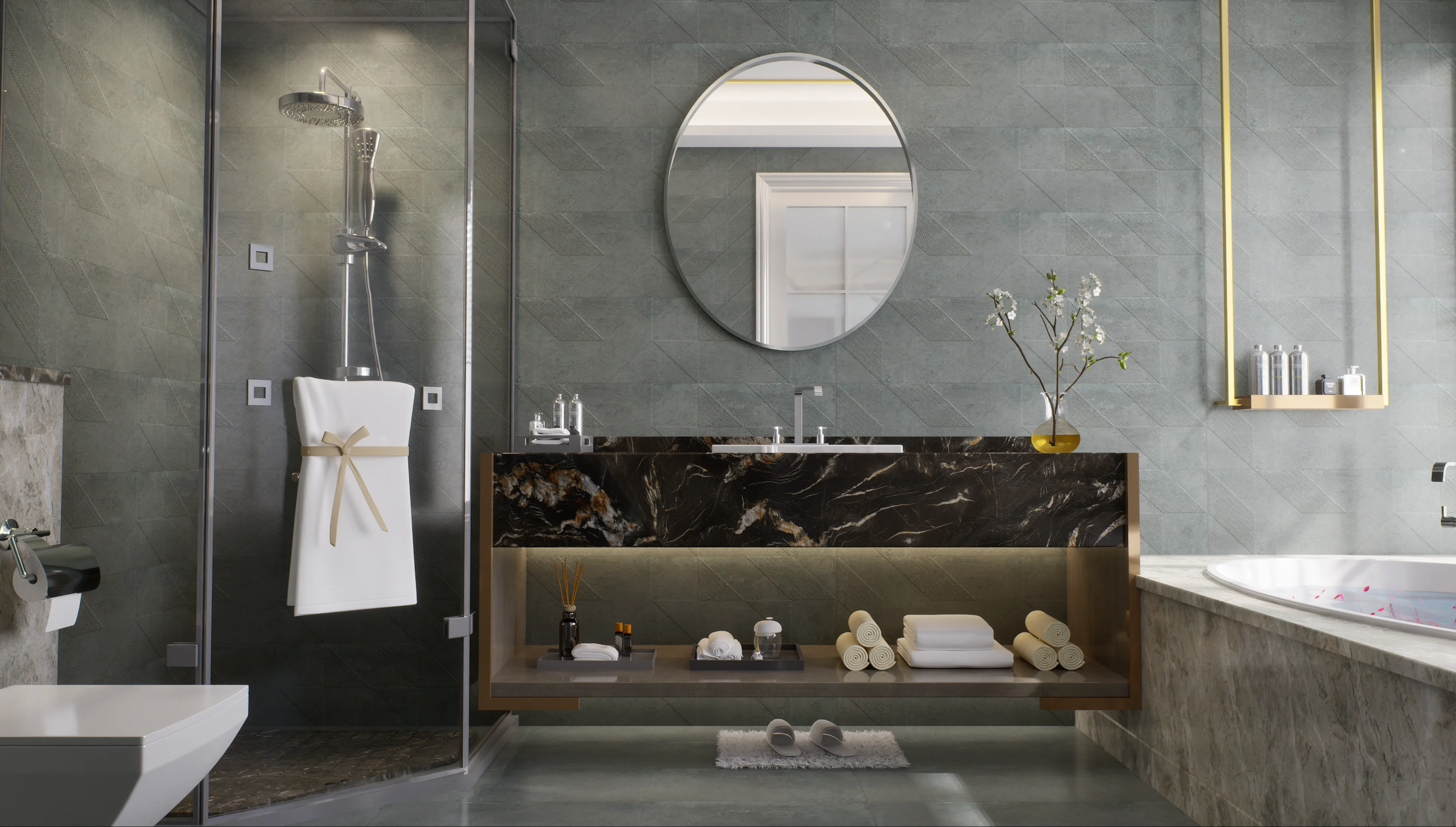 Elegant bathroom with glass shower and marble sink | Material Depot