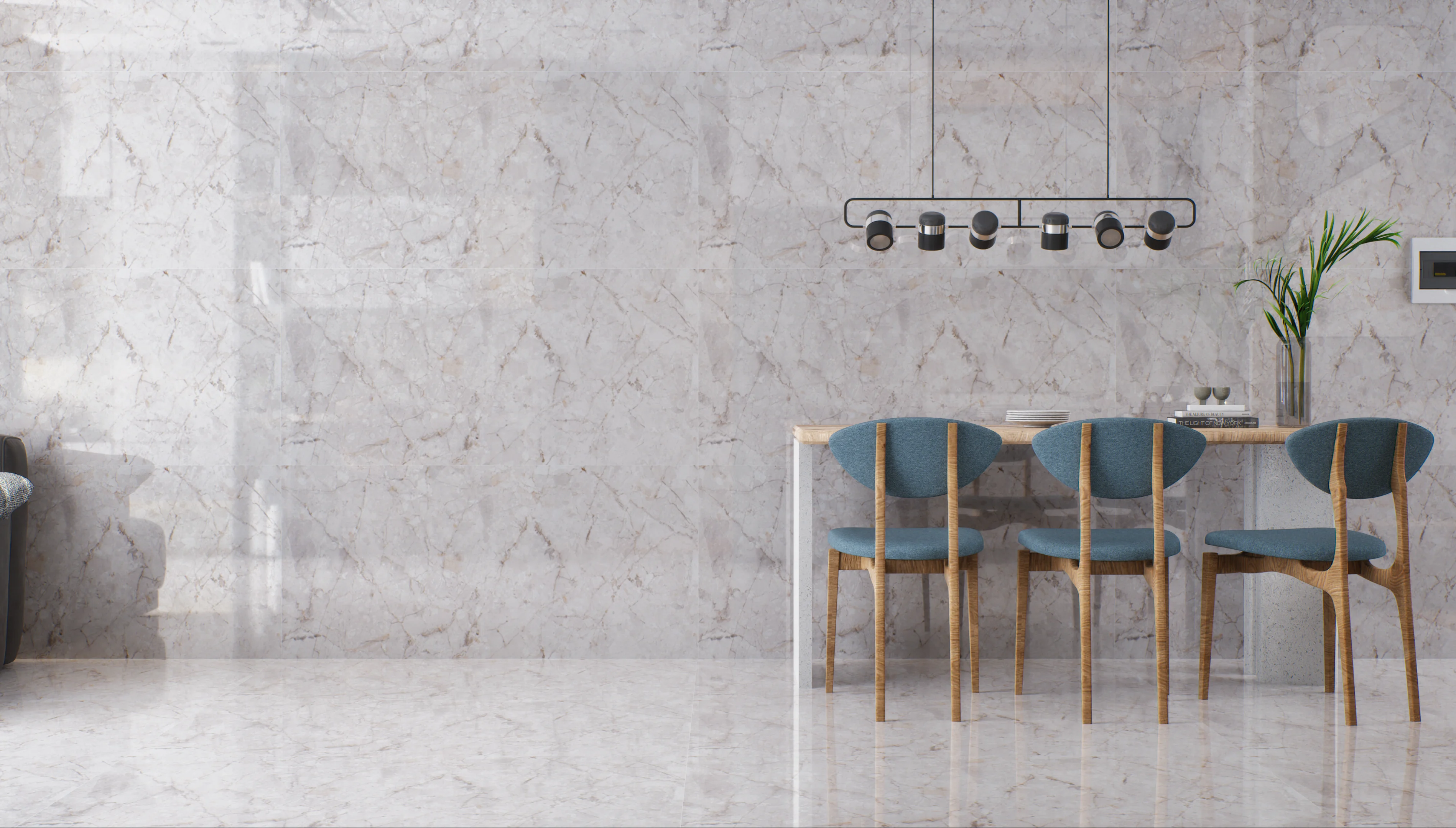 Modern dining room with marble walls and blue chairs | Material Depot