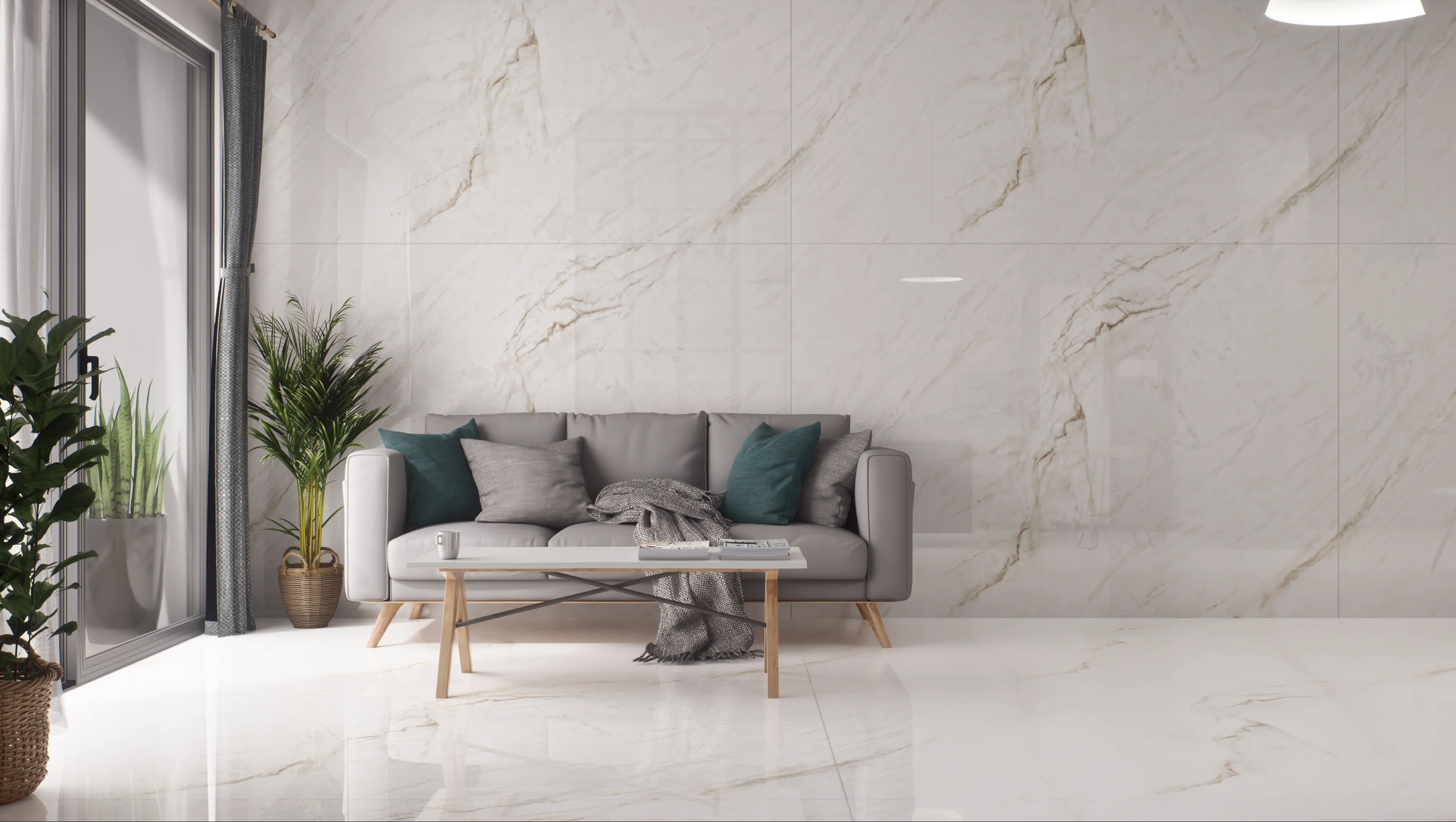 Modern living room with marble walls and grey sofa | Material Depot