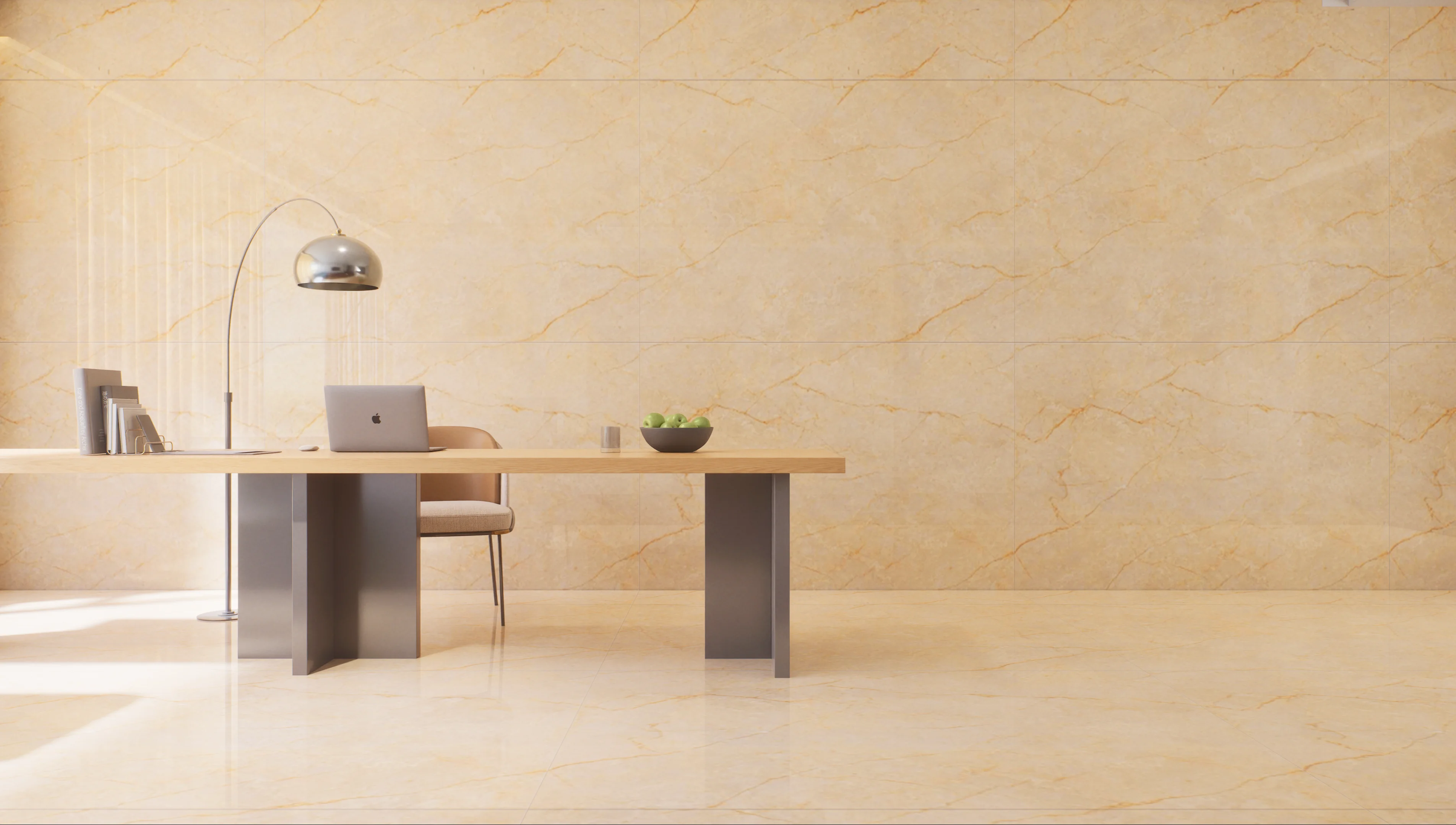 Minimalist home office with light wood desk and beige walls | Material Depot