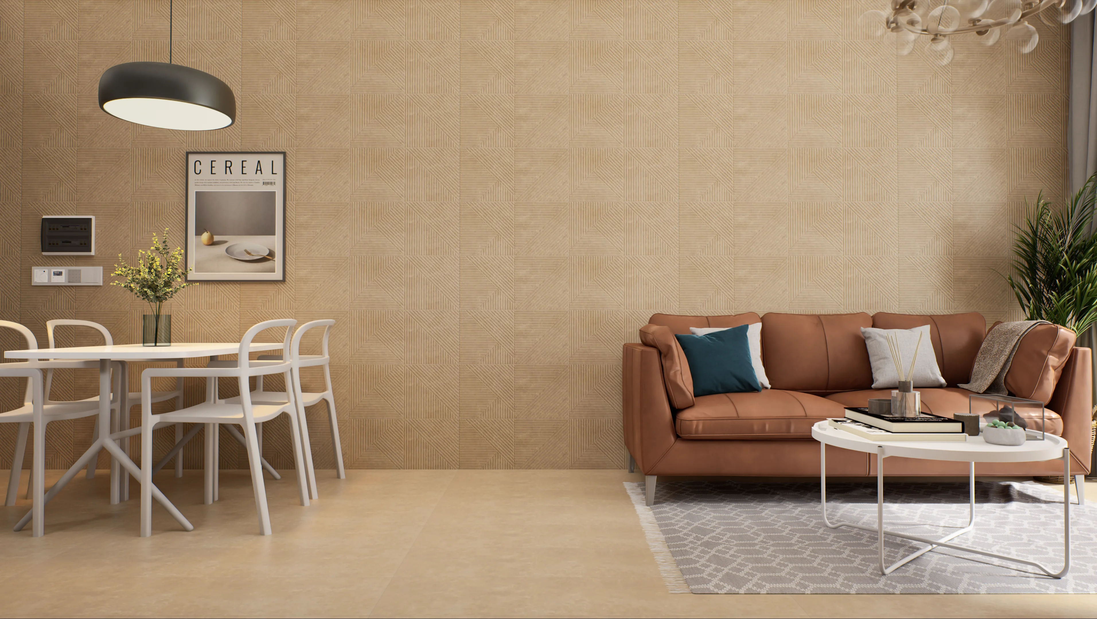 Warm-toned living and dining area with geometric wall | Material Depot