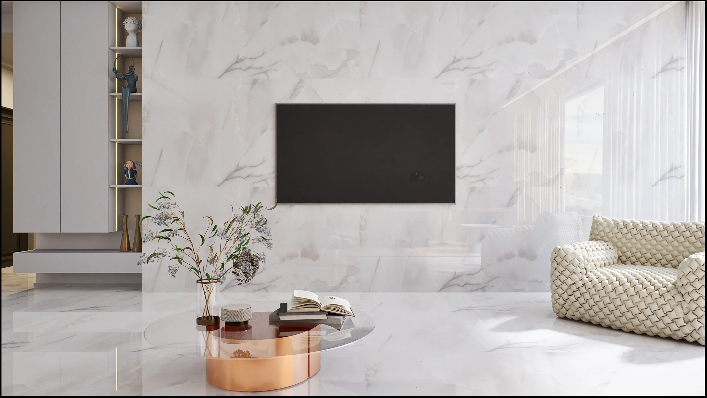 Minimalist living room with marble walls and stylish decor | Material Depot