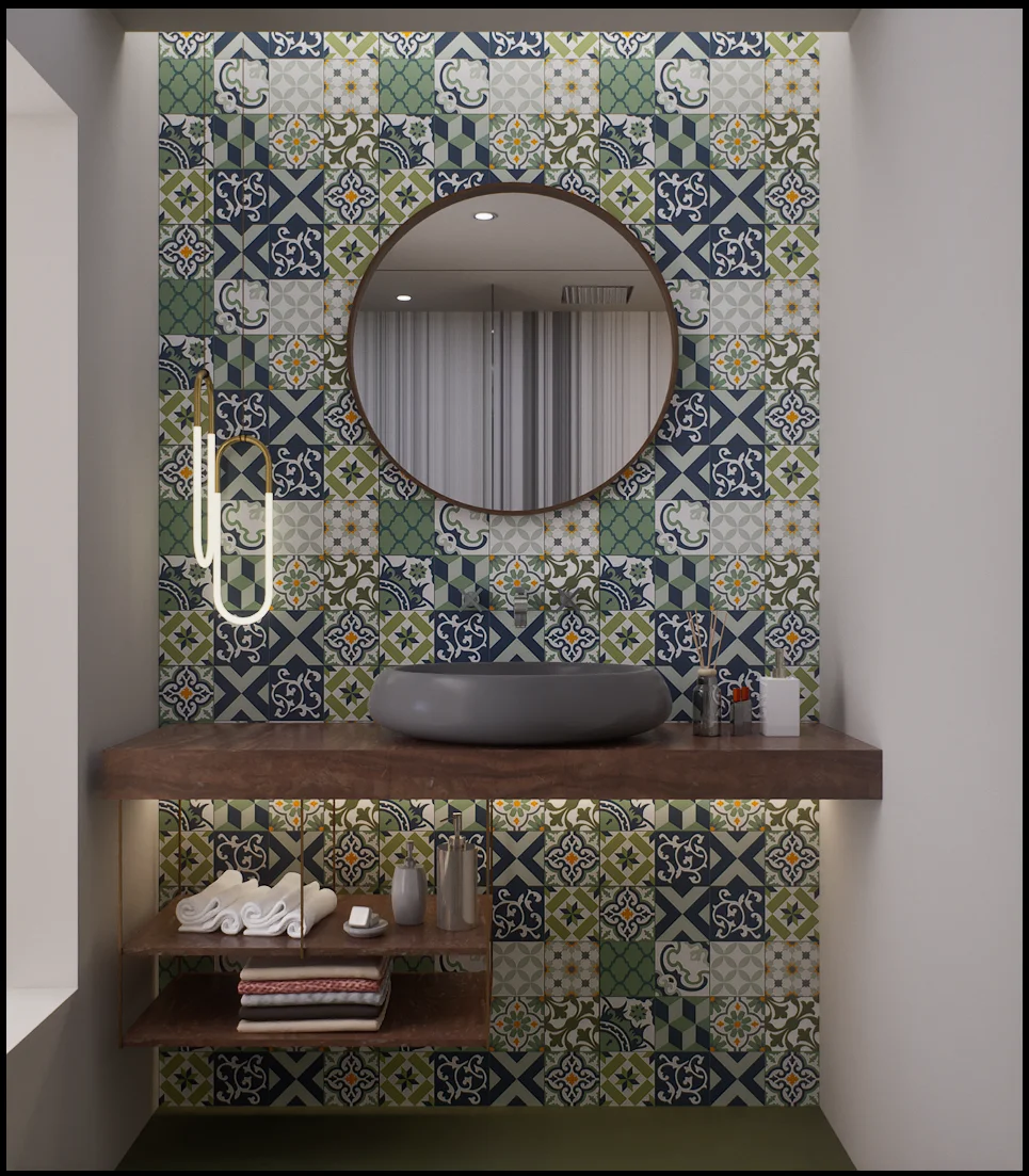 Bathroom vanity with vibrant, patterned tiles and a round mirror. | Material Depot