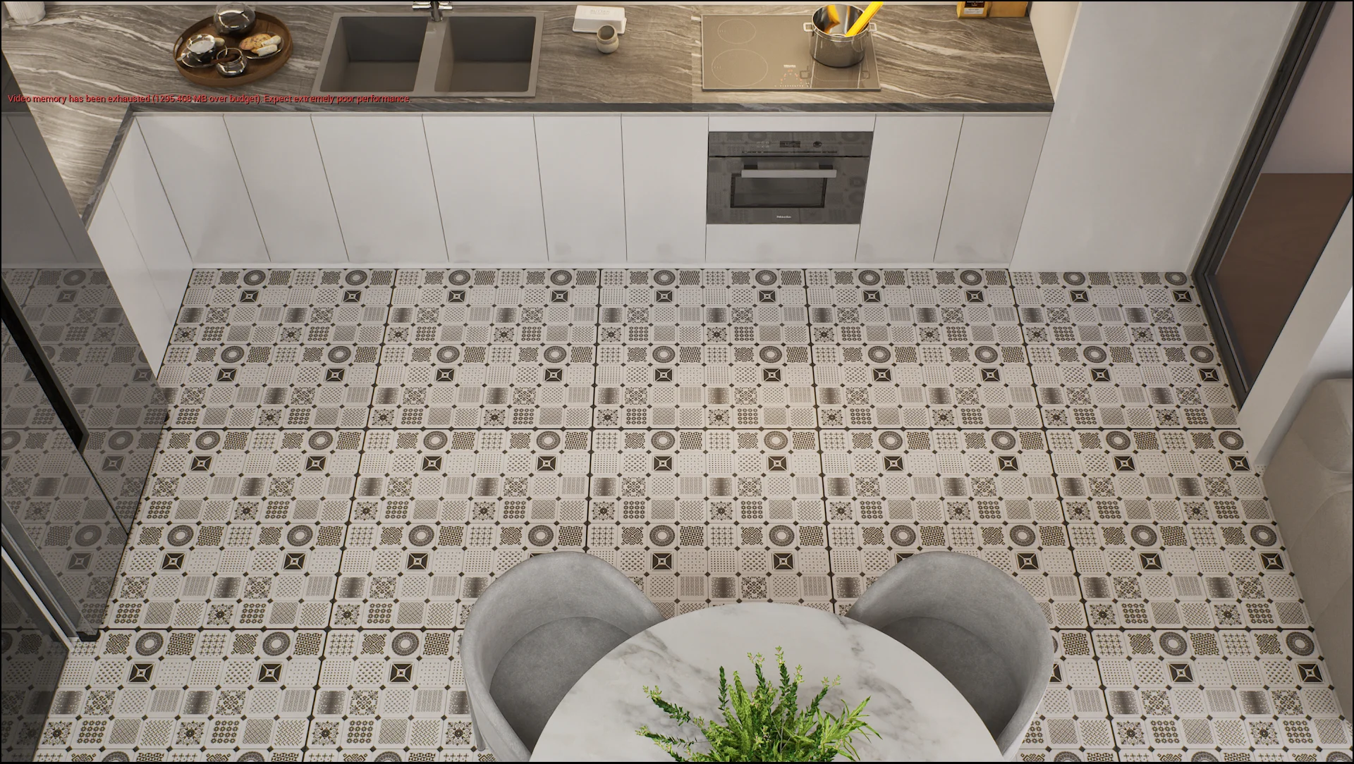 Modern kitchen featuring a sleek countertop, integrated appliances, and distinctive black-and-white geometric tiled flooring. | Material Depot