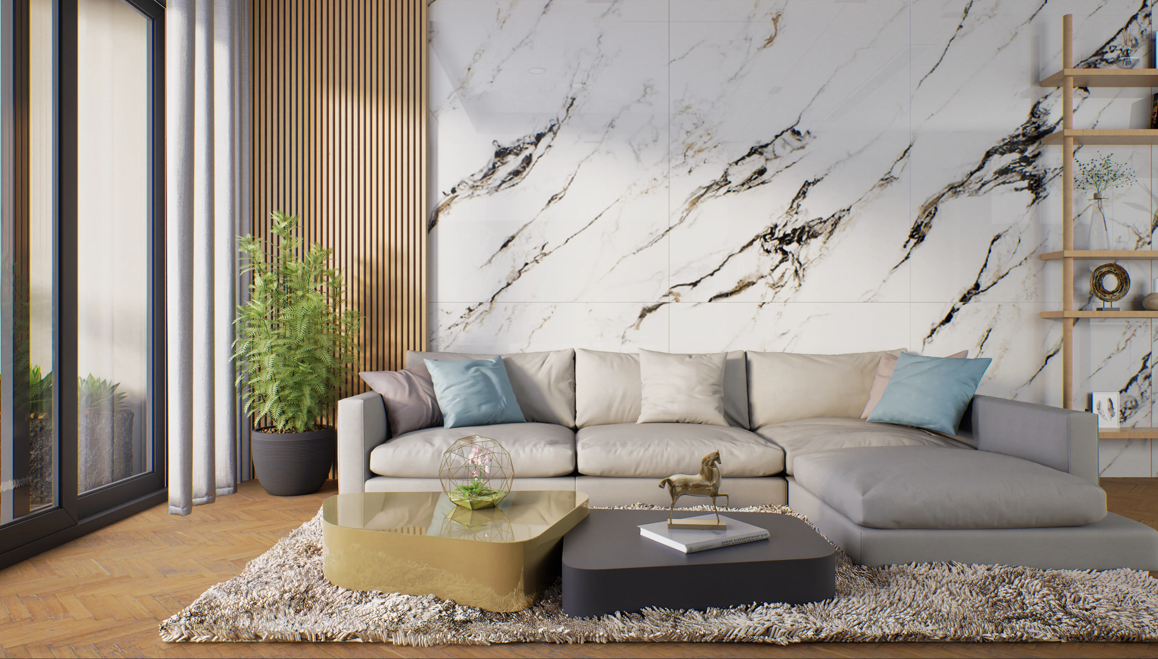 Modern living room with marble wall and sleek furniture | Material Depot