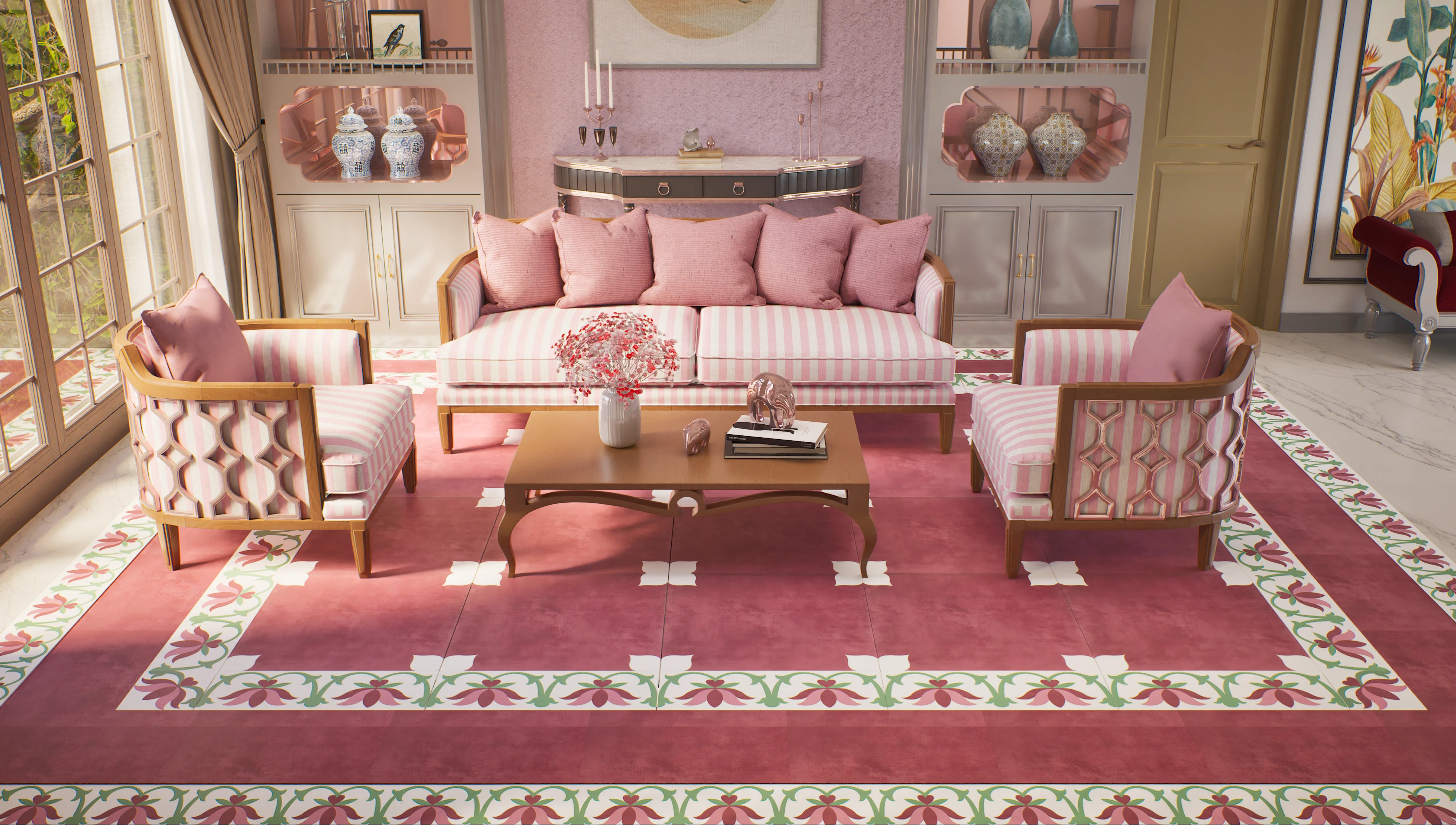 Elegant living room decorated in shades of pink with classic furniture and floral patterned tiles | Material Depot