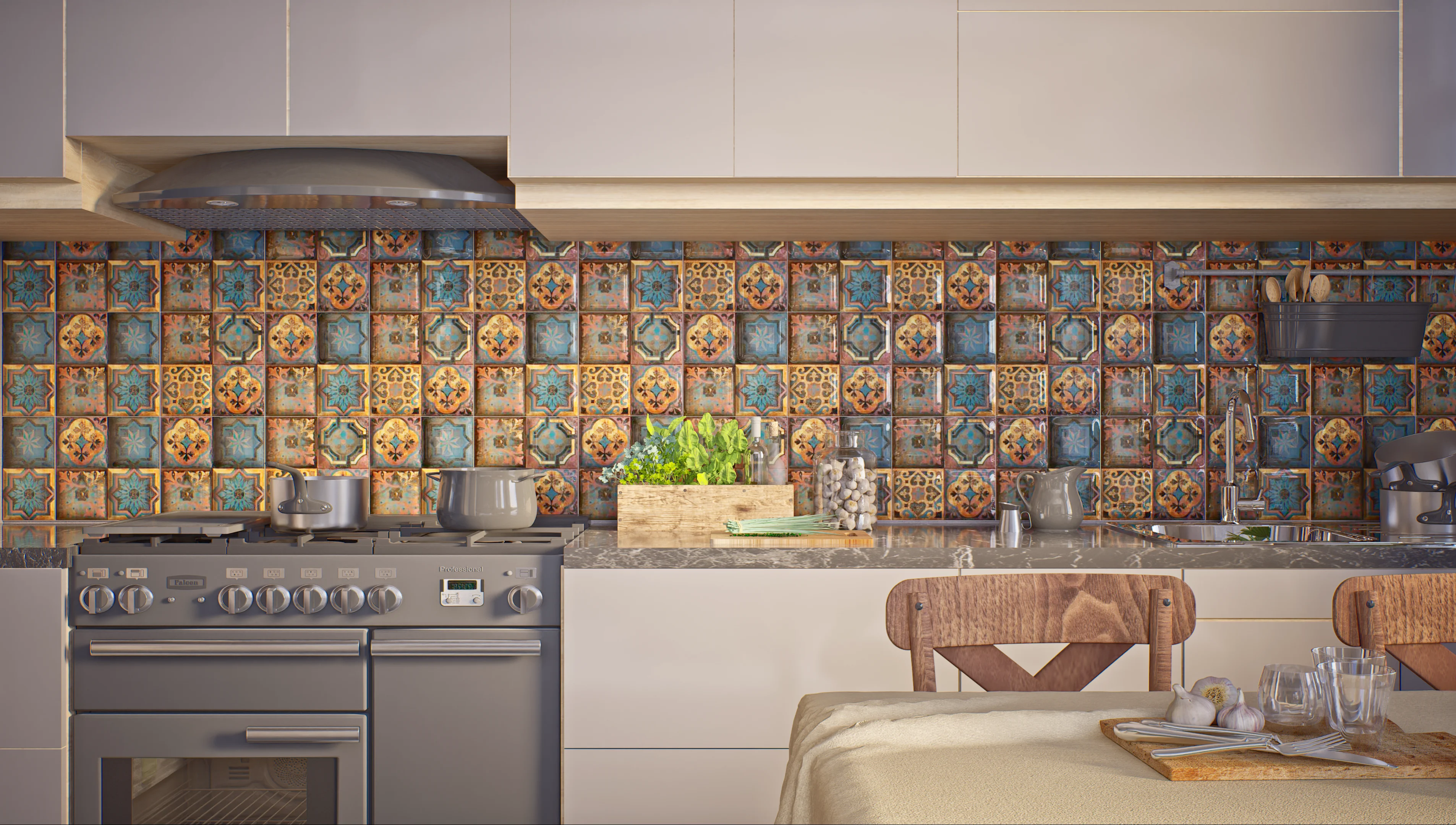 Rustic kitchen featuring a vibrant Moroccan tile backsplash, modern appliances, and wooden accents | Material Depot