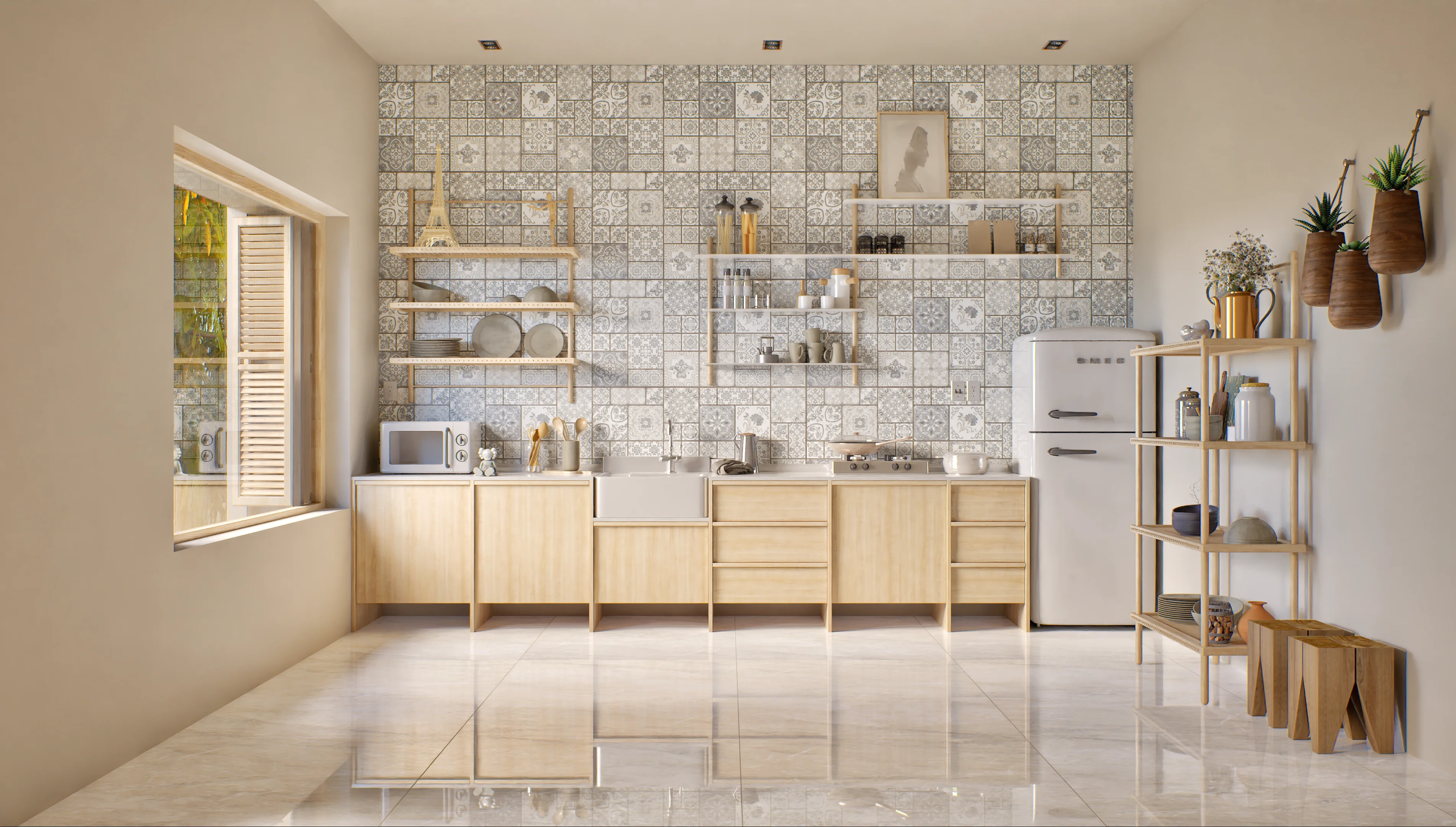 Scandinavian kitchen with light wood cabinets and patterned tiles | Material Depot