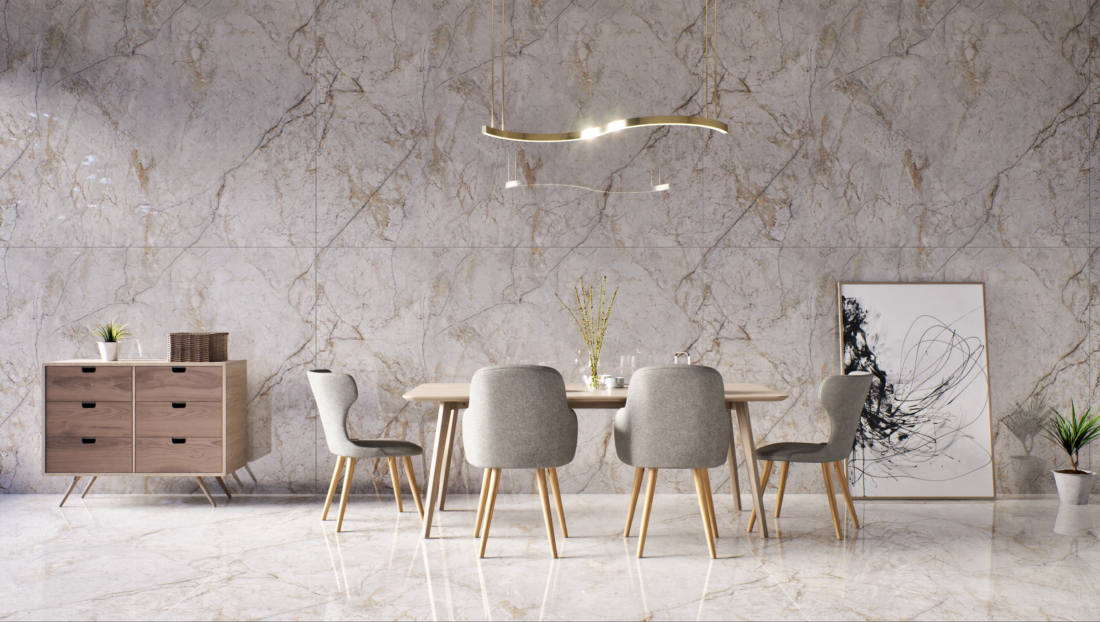 Modern dining room with marble walls and sleek furniture | Material Depot