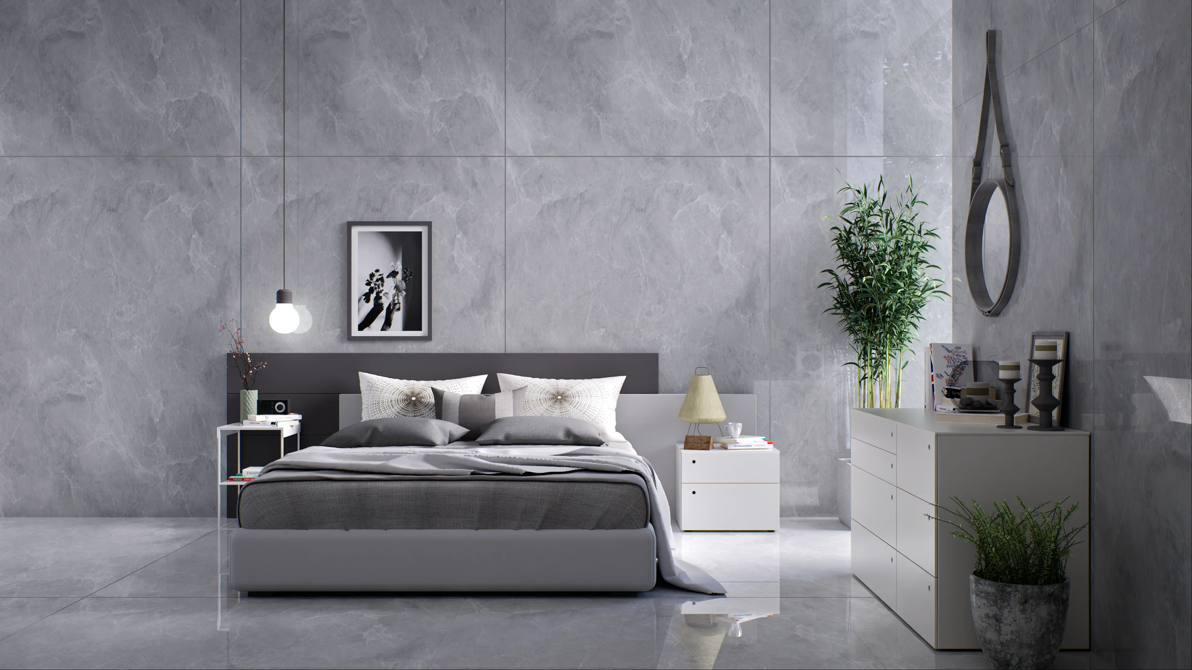 Minimalist grey bedroom with sleek design and modern decor | Material Depot