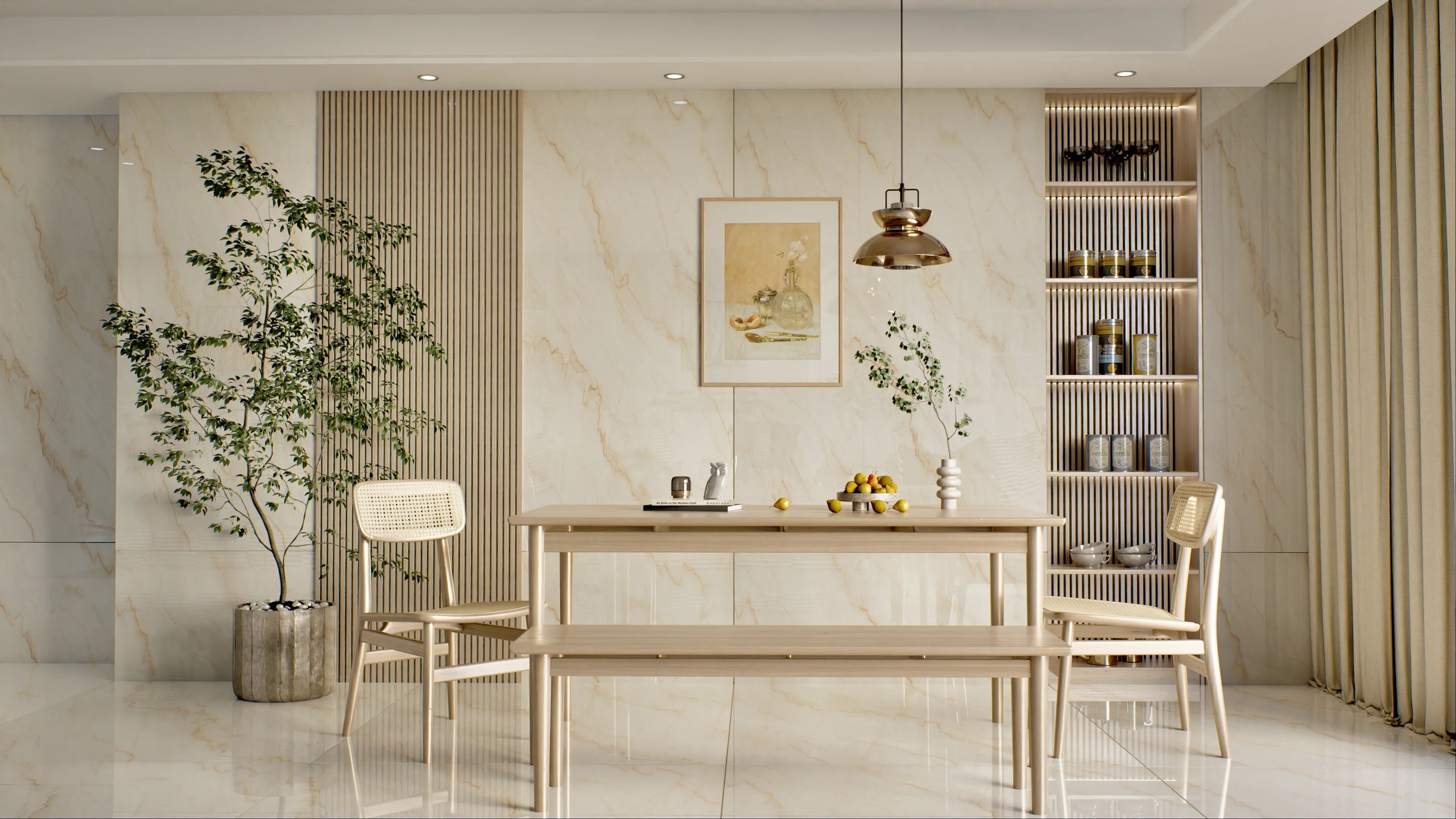 Minimalist dining area featuring light wood furniture, marble walls, and natural elements. | Material Depot