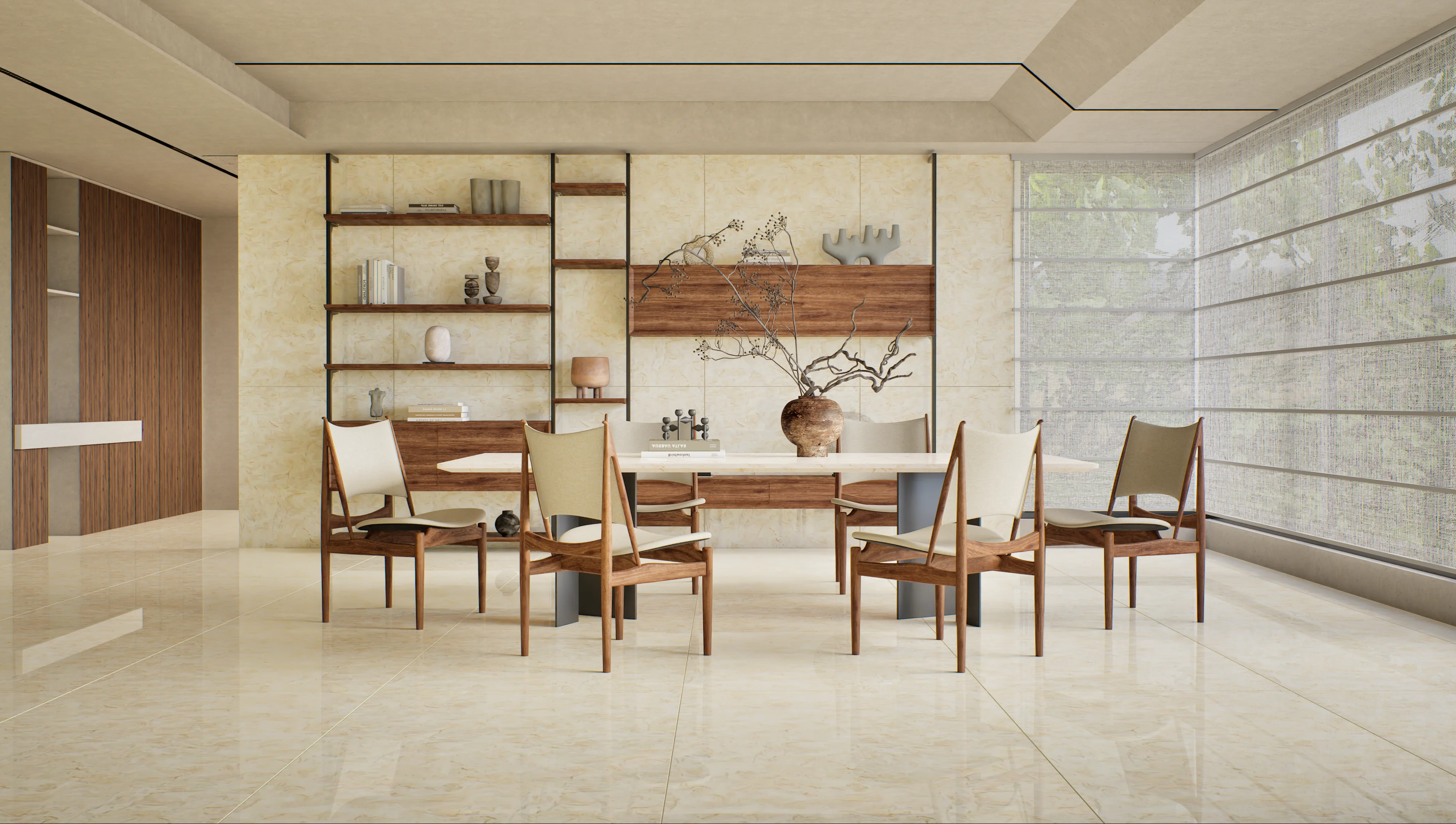 Elegant dining room featuring minimalist design with earthy tones, wooden accents, and natural light. | Material Depot