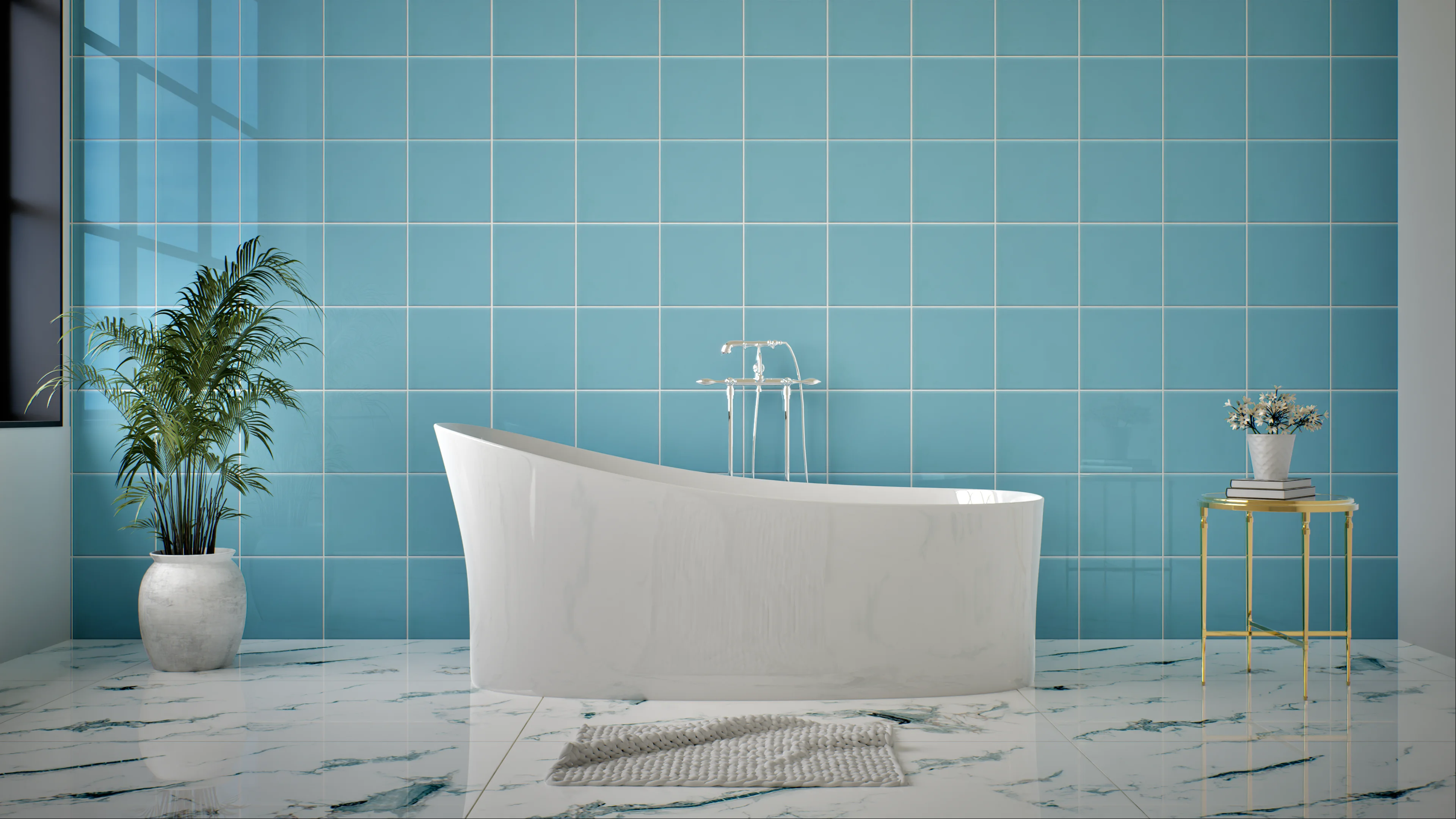 A serene blue bathroom featuring a freestanding white tub, blue tiled wall, marble floor, potted plant, and a small side table. | Material Depot