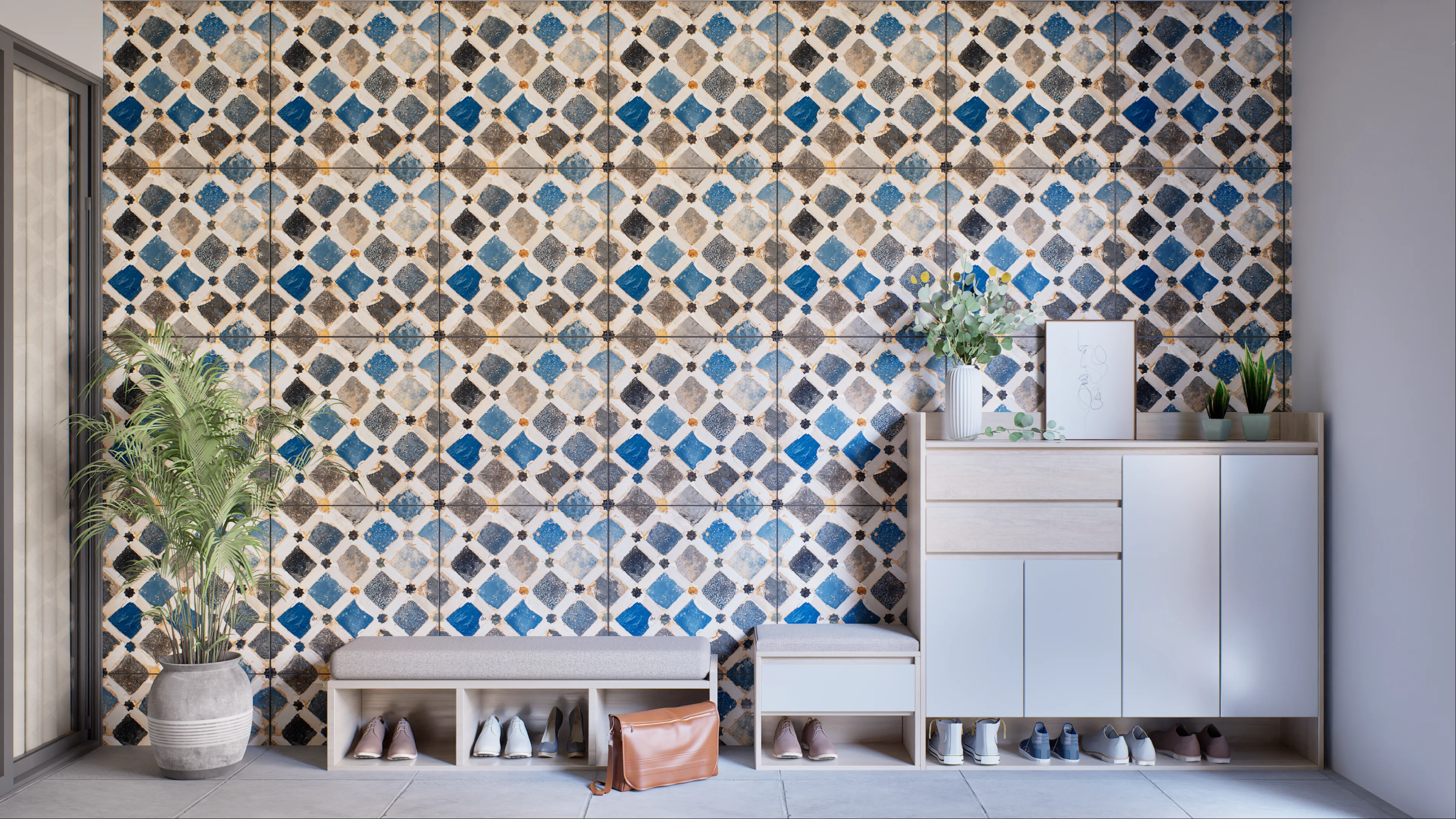 Stylish entryway featuring vibrant blue and gold patterned tiles, a modern shoe storage bench, potted plants, and a sleek storage cabinet. | Material Depot