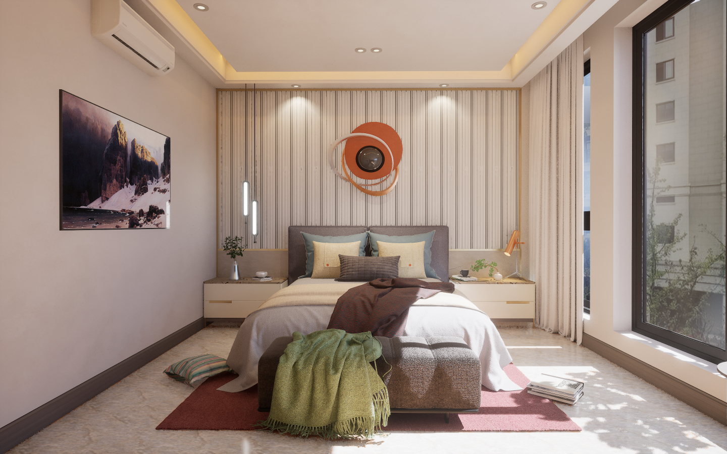 Eclectic Bedroom with bold geometric patterned tiles and brass metal mesh wall screening | Material Depot