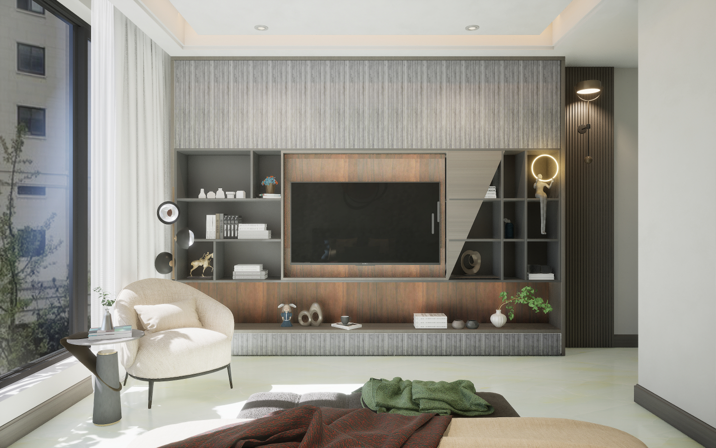 Eclectic Bedroom with bold geometric patterned tiles and brass metal mesh wall screening | Material Depot