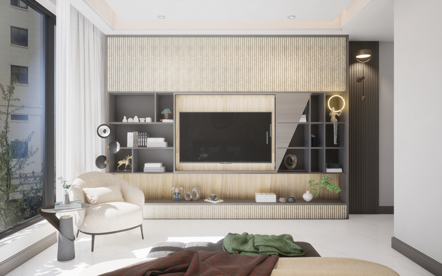 Eclectic Bedroom with bold geometric patterned tiles and brass metal mesh wall screening | Material Depot