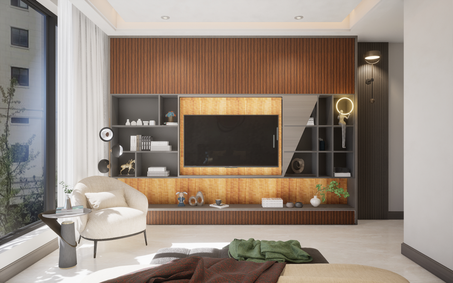 Eclectic Bedroom with bold geometric patterned tiles and brass metal mesh wall screening | Material Depot