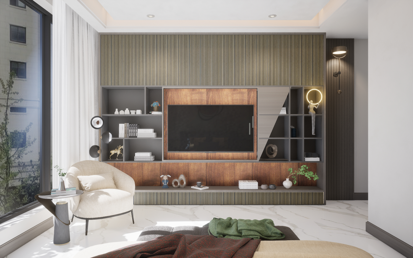 Eclectic Bedroom with bold geometric patterned tiles and brass metal mesh wall screening | Material Depot