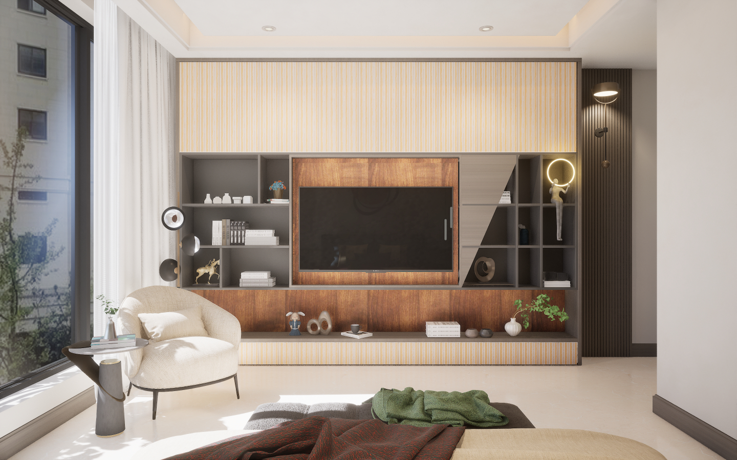 Eclectic Bedroom with bold geometric patterned tiles and brass metal mesh wall screening | Material Depot