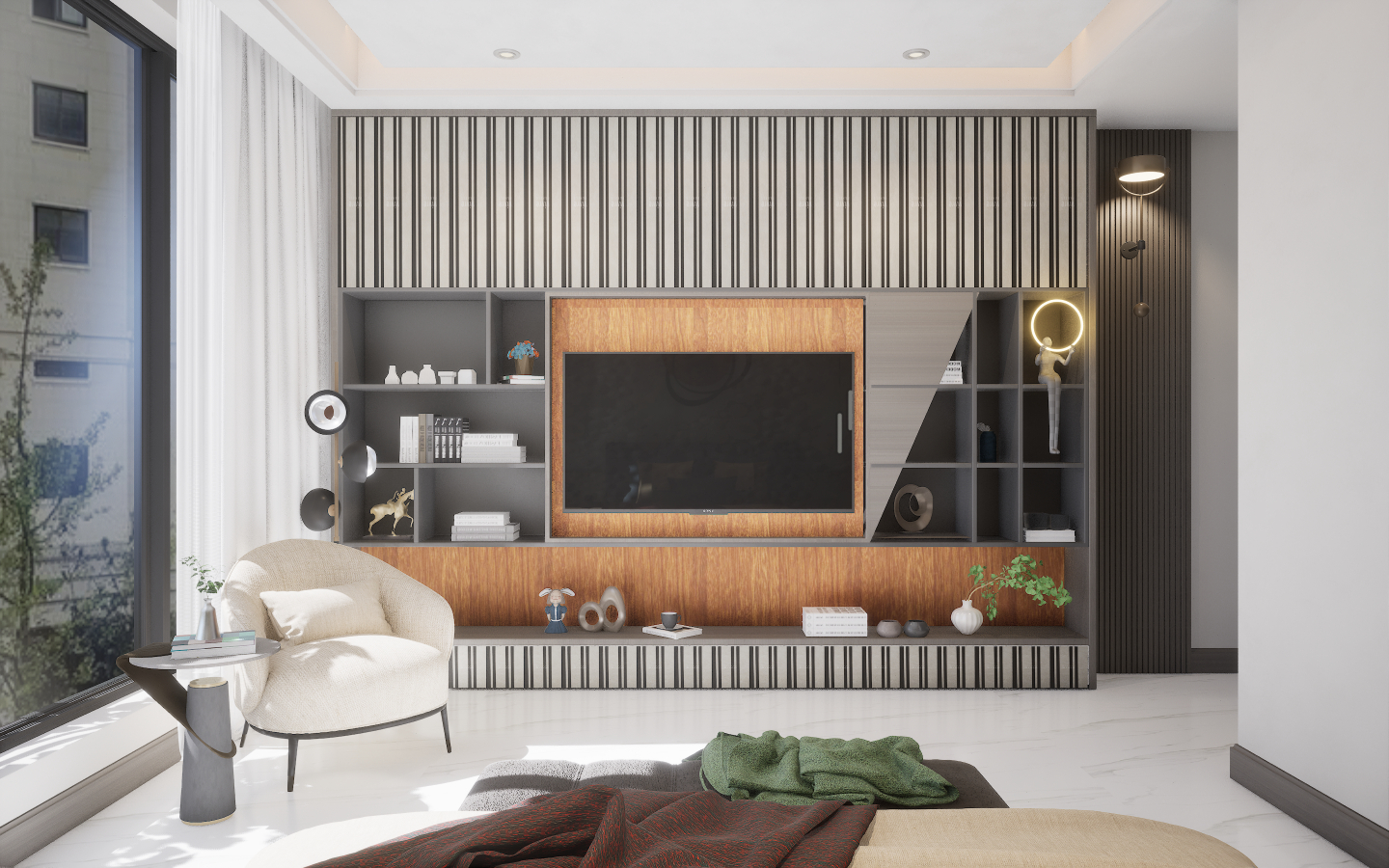 Eclectic Bedroom with bold geometric patterned tiles and brass metal mesh wall screening | Material Depot