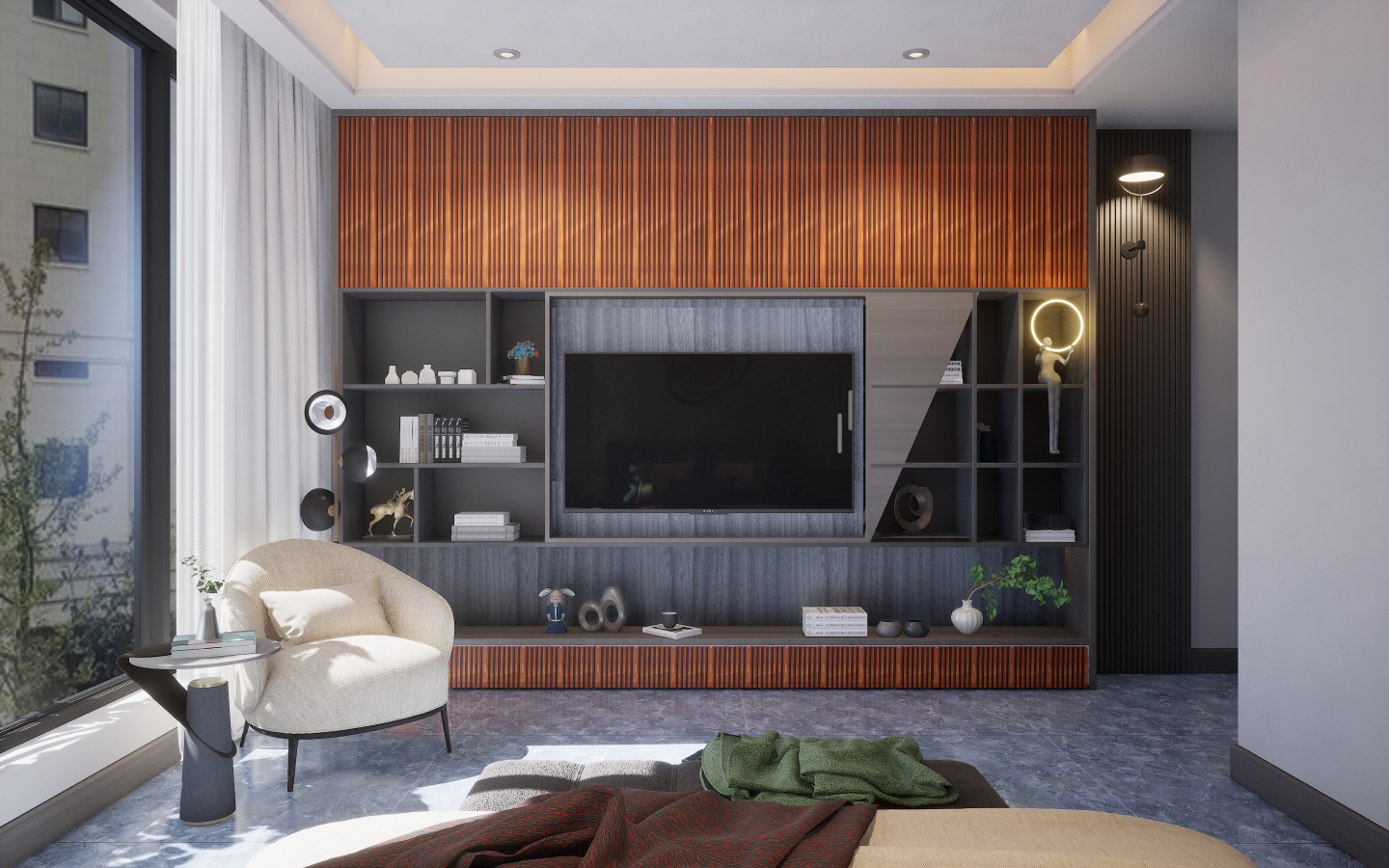 Eclectic Bedroom with bold geometric patterned tiles and brass metal mesh wall screening | Material Depot