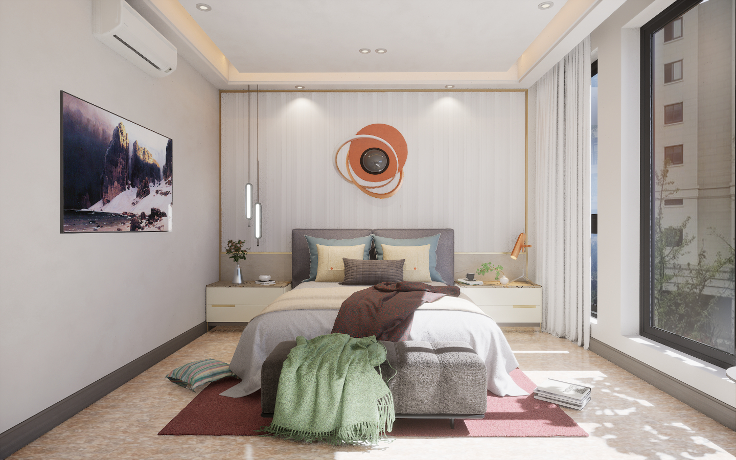 Eclectic Bedroom with bold geometric patterned tiles and brass metal mesh wall screening | Material Depot