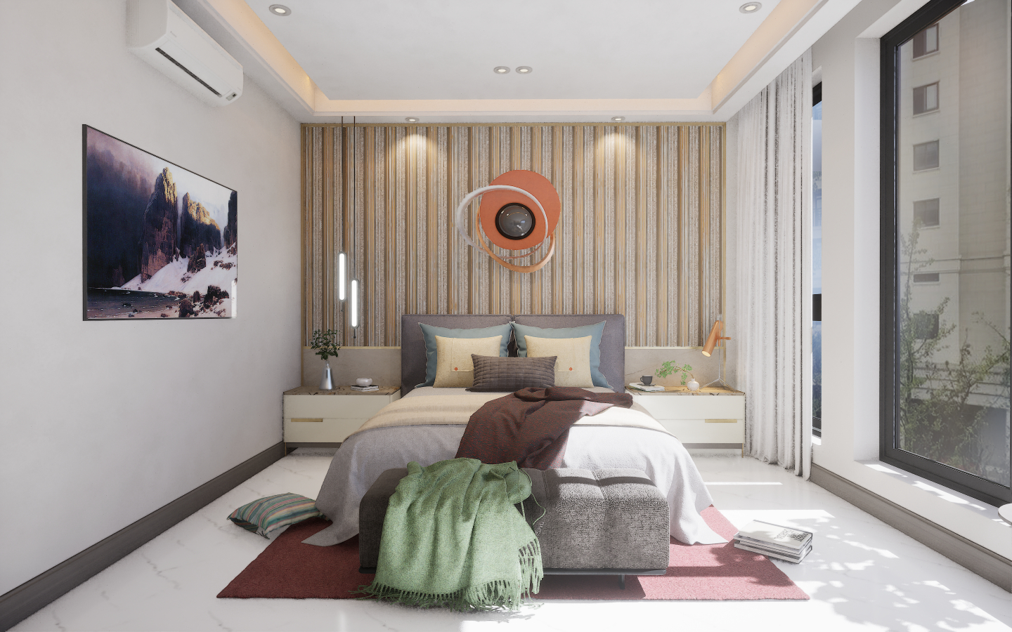 Eclectic Bedroom with bold geometric patterned tiles and brass metal mesh wall screening | Material Depot