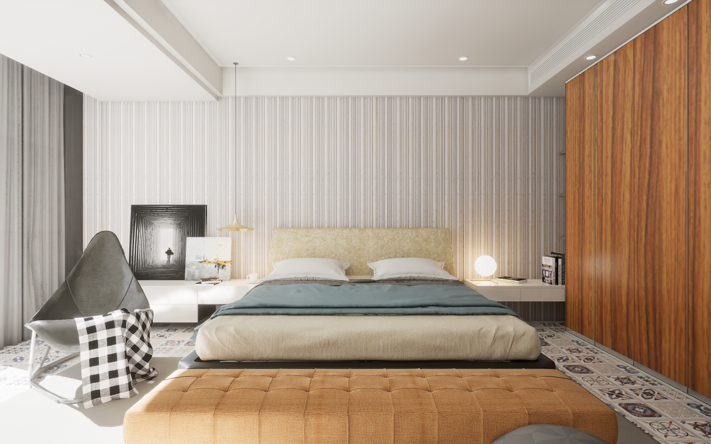 Modern Bedroom with glossy concrete-effect tiles and movable wooden wall slats | Material Depot