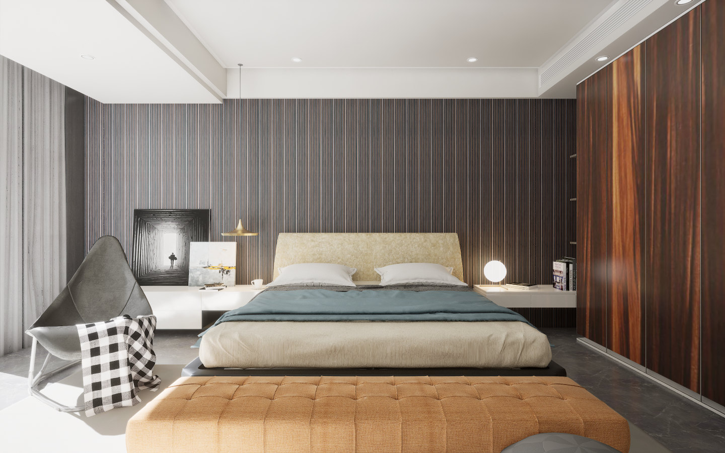 Modern Bedroom with glossy concrete-effect tiles and movable wooden wall slats | Material Depot