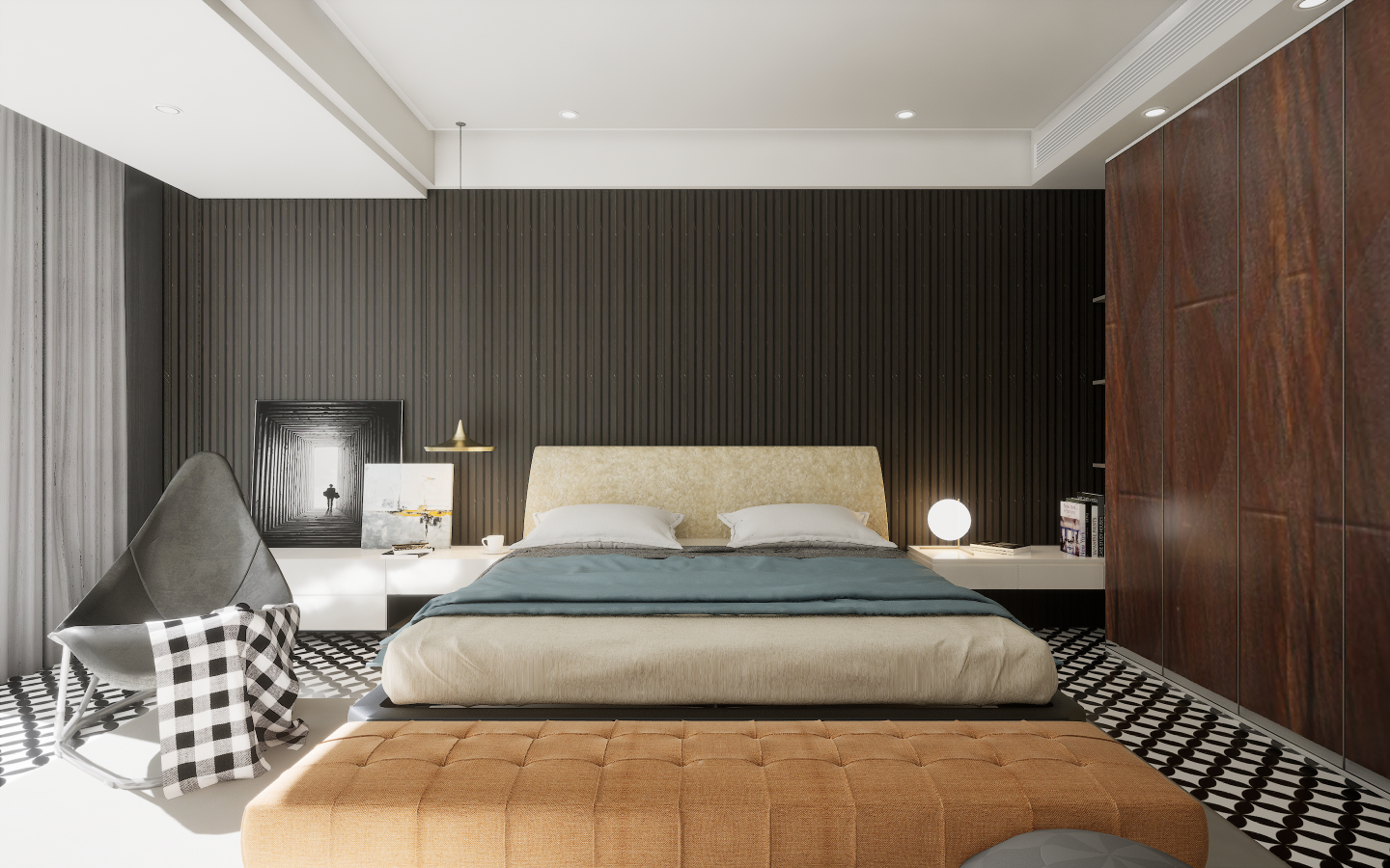 Modern bedroom with elegant decor panels, matte tiles, and sophisticated laminate cupboards