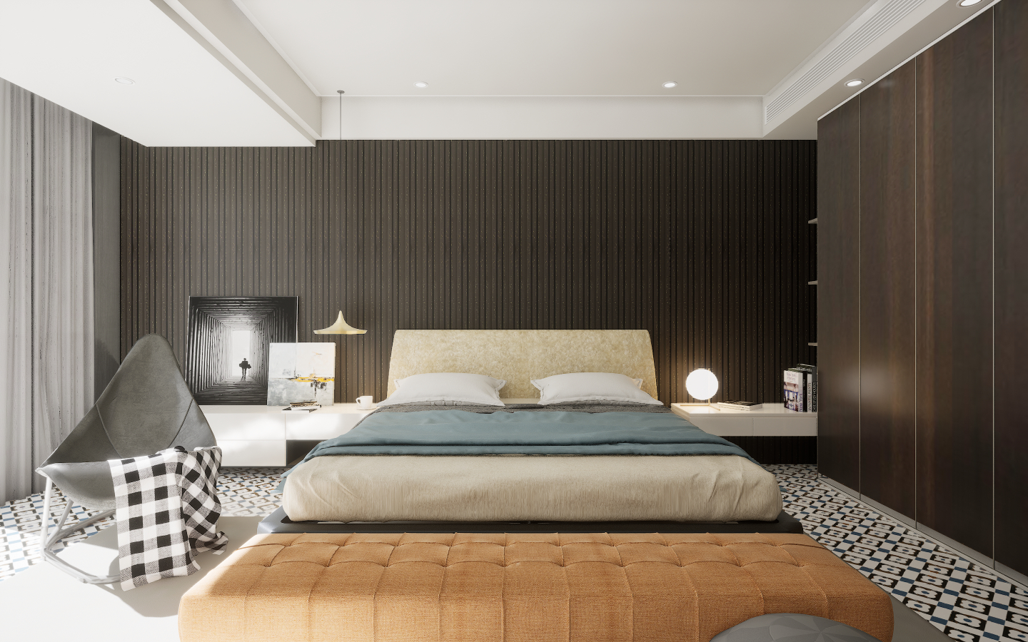 Modern Bedroom with glossy concrete-effect tiles and movable wooden wall slats | Material Depot