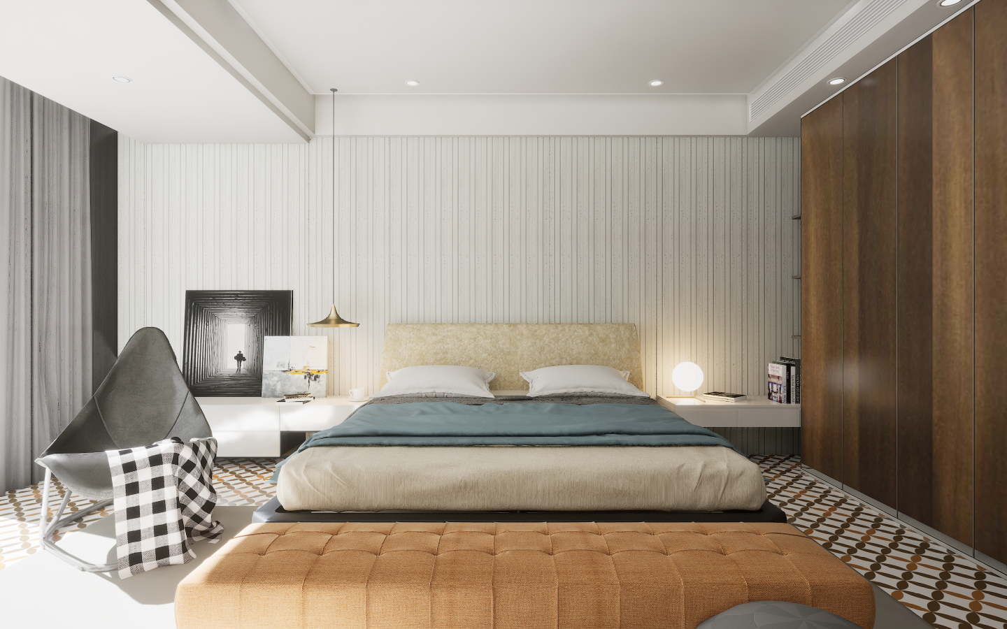 Modern Bedroom with glossy concrete-effect tiles and movable wooden wall slats | Material Depot