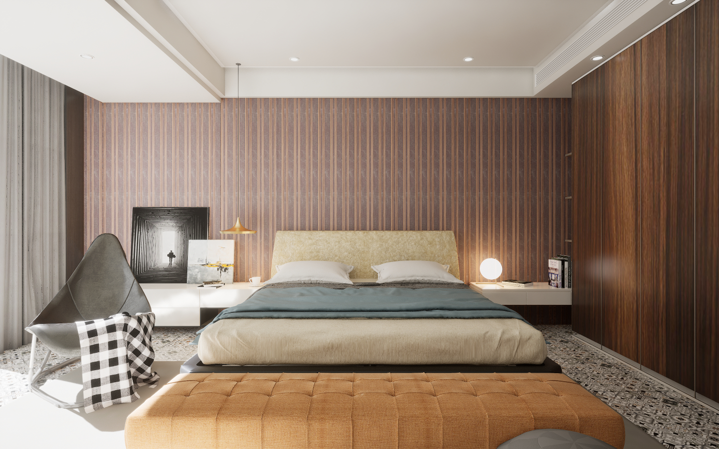 Modern Bedroom with glossy concrete-effect tiles and movable wooden wall slats | Material Depot