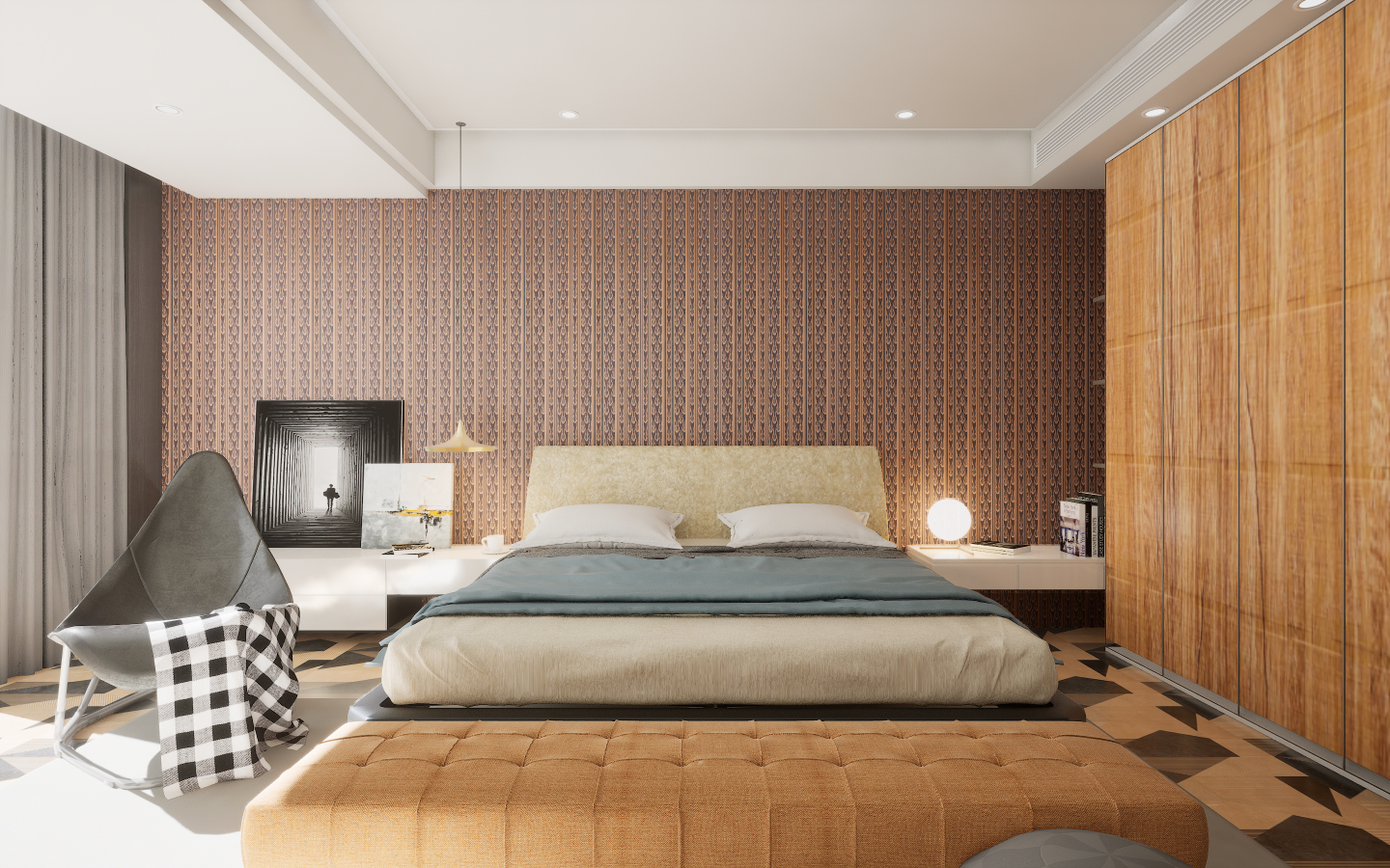 Modern Bedroom with glossy concrete-effect tiles and movable wooden wall slats | Material Depot