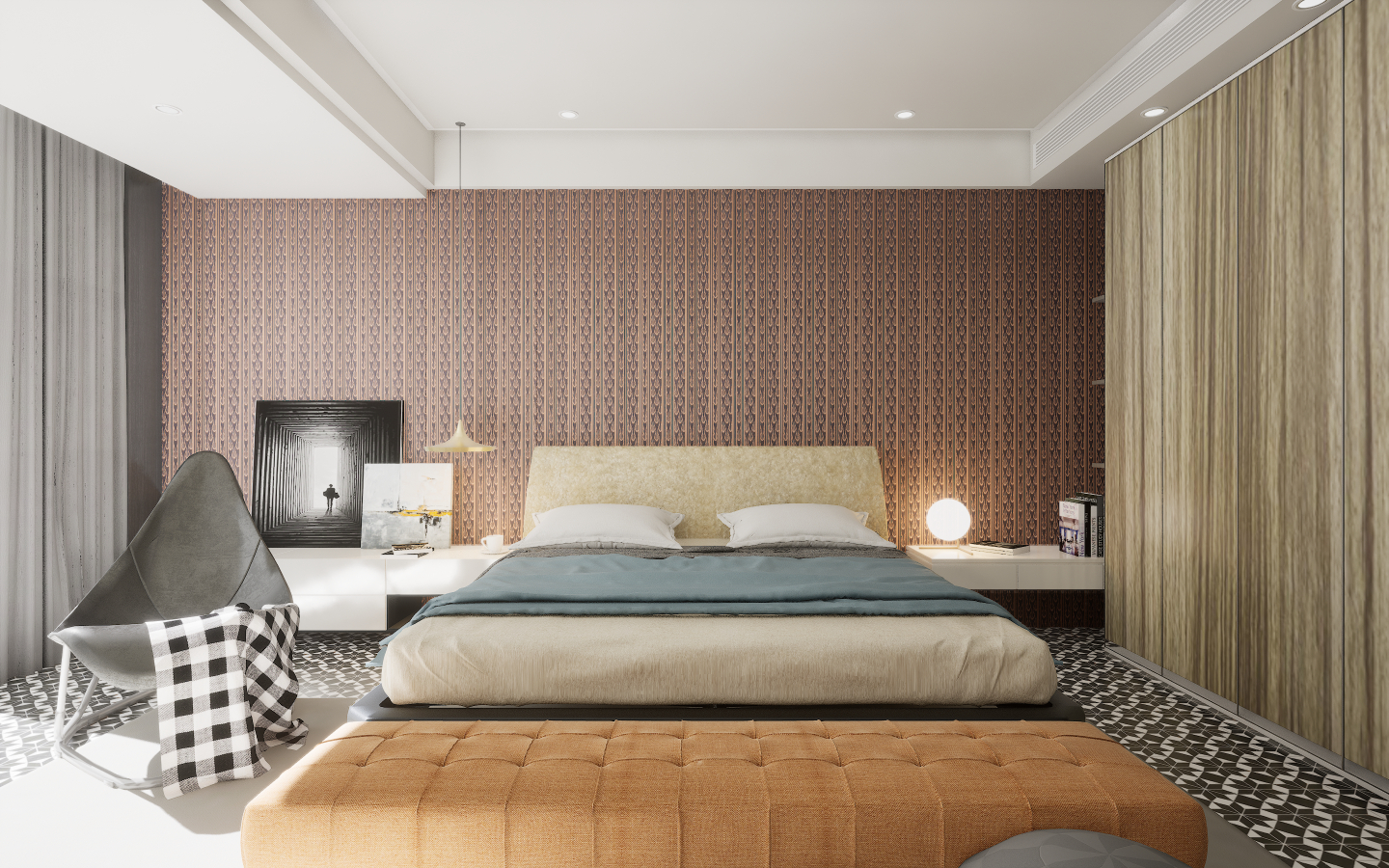 Modern Bedroom with glossy concrete-effect tiles and movable wooden wall slats | Material Depot