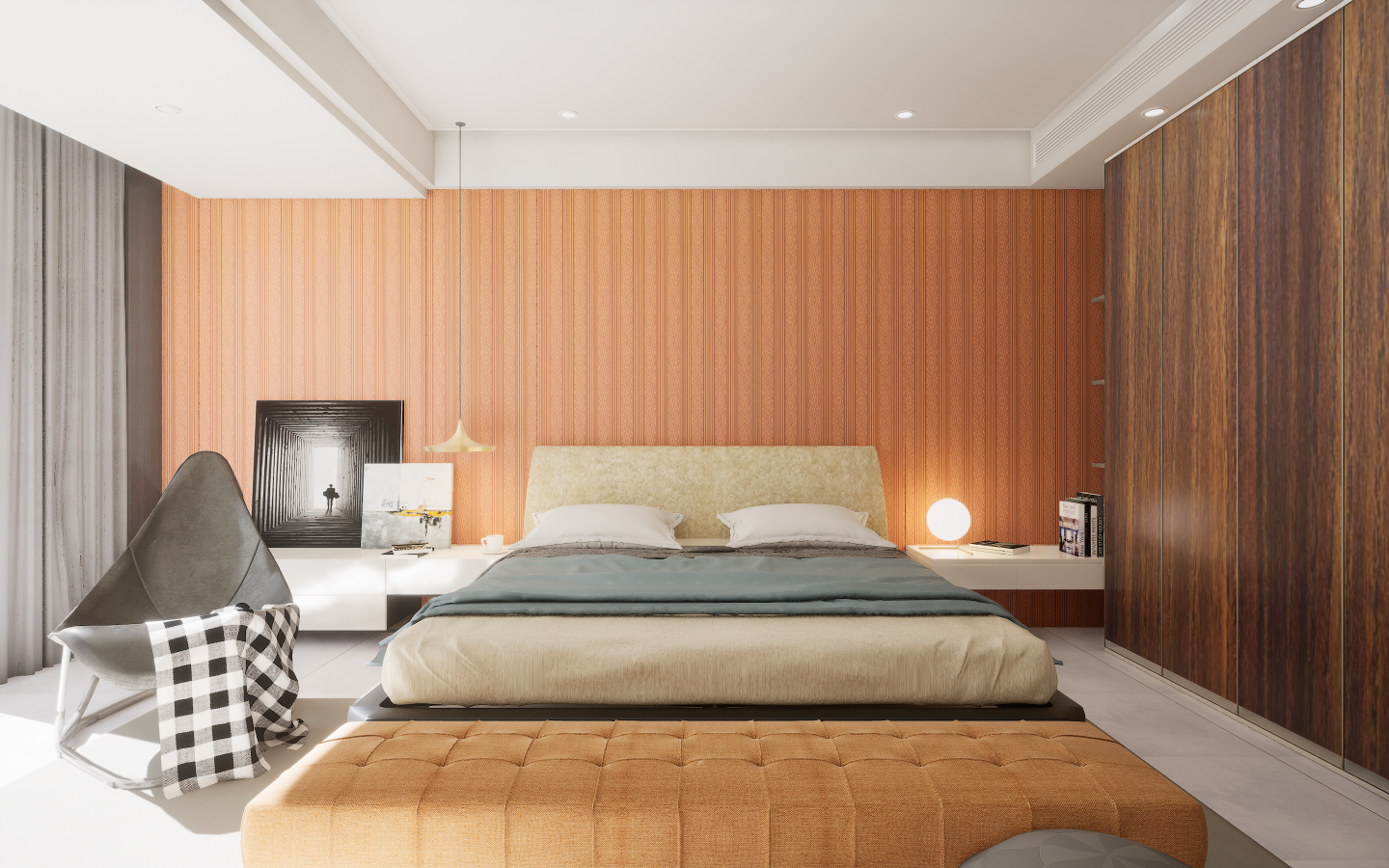 Modern Bedroom with glossy concrete-effect tiles and movable wooden wall slats | Material Depot