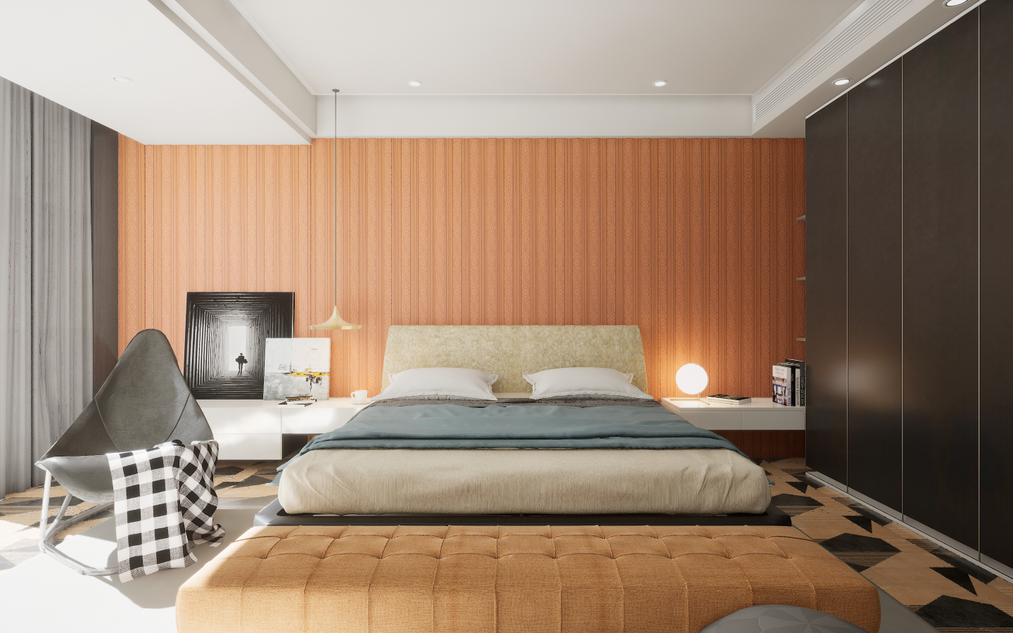 Modern Bedroom with glossy concrete-effect tiles and movable wooden wall slats | Material Depot