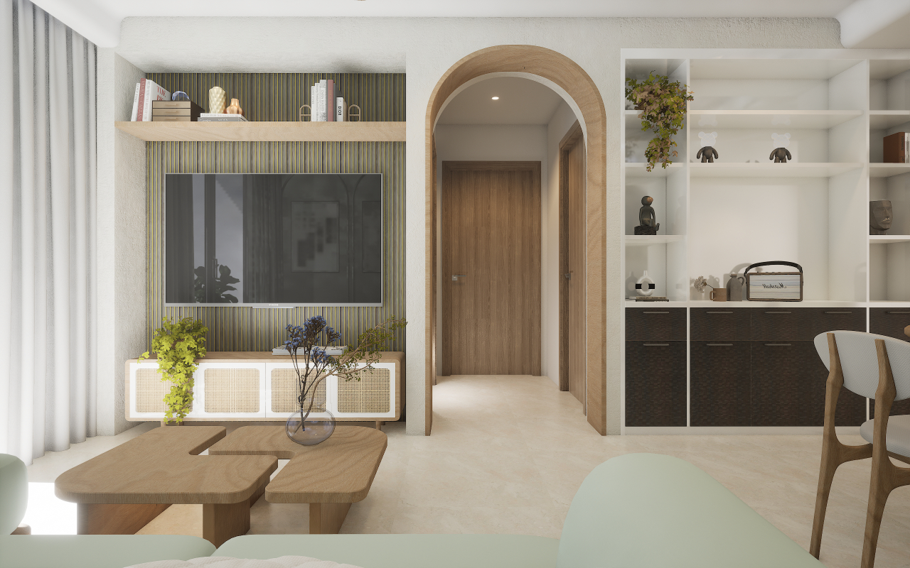 Inviting living room with brown wood shades, beige tiles, and modern design.