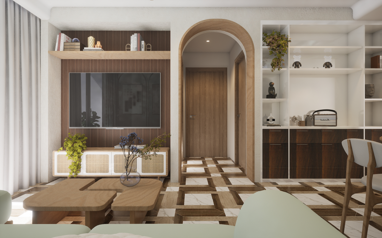 Living room with wood-look louvers, patterned tile flooring, and laminate cabinets. Brown, cream, and light brown hues create a cozy atmosphere.