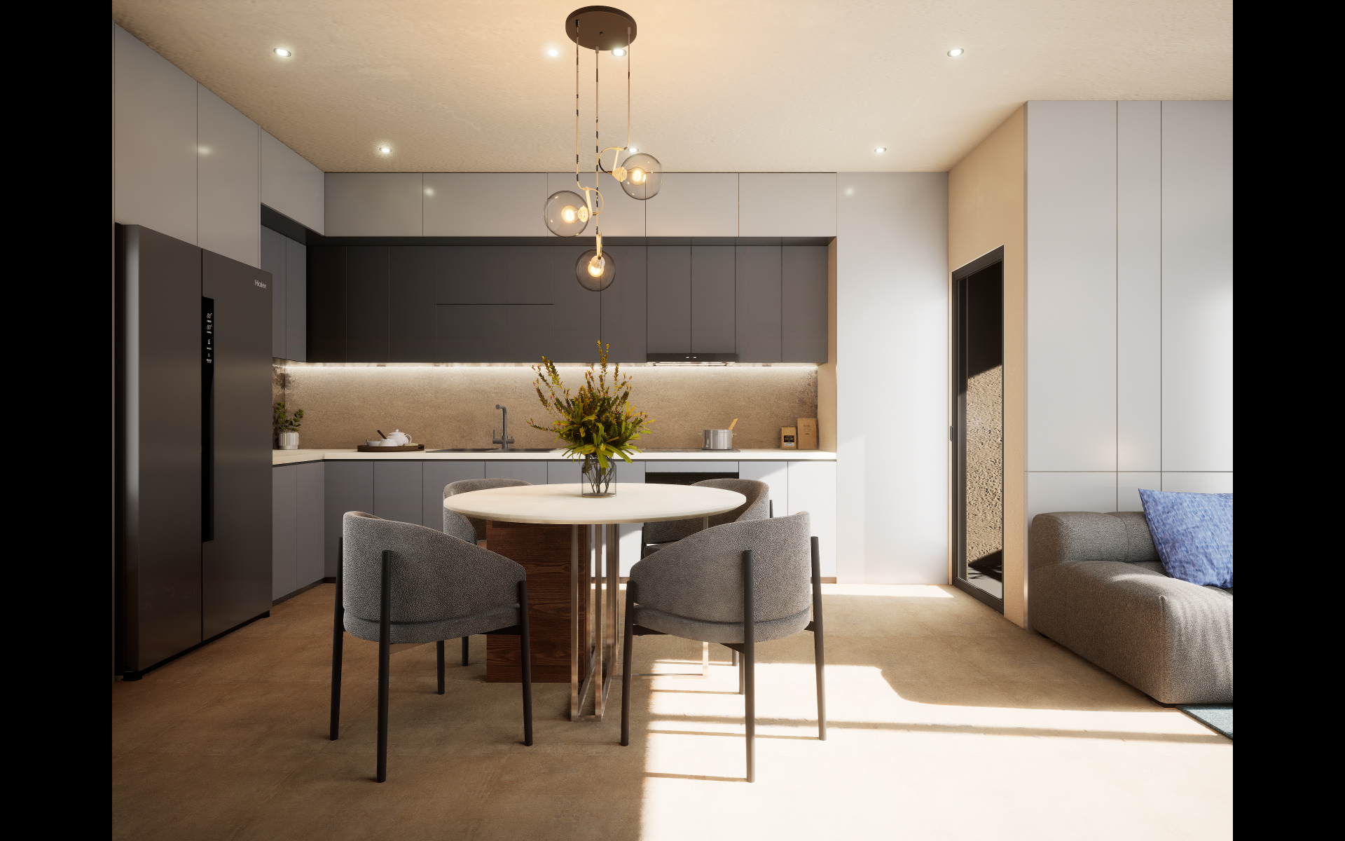 Open-plan kitchen with slate-grey cabinets