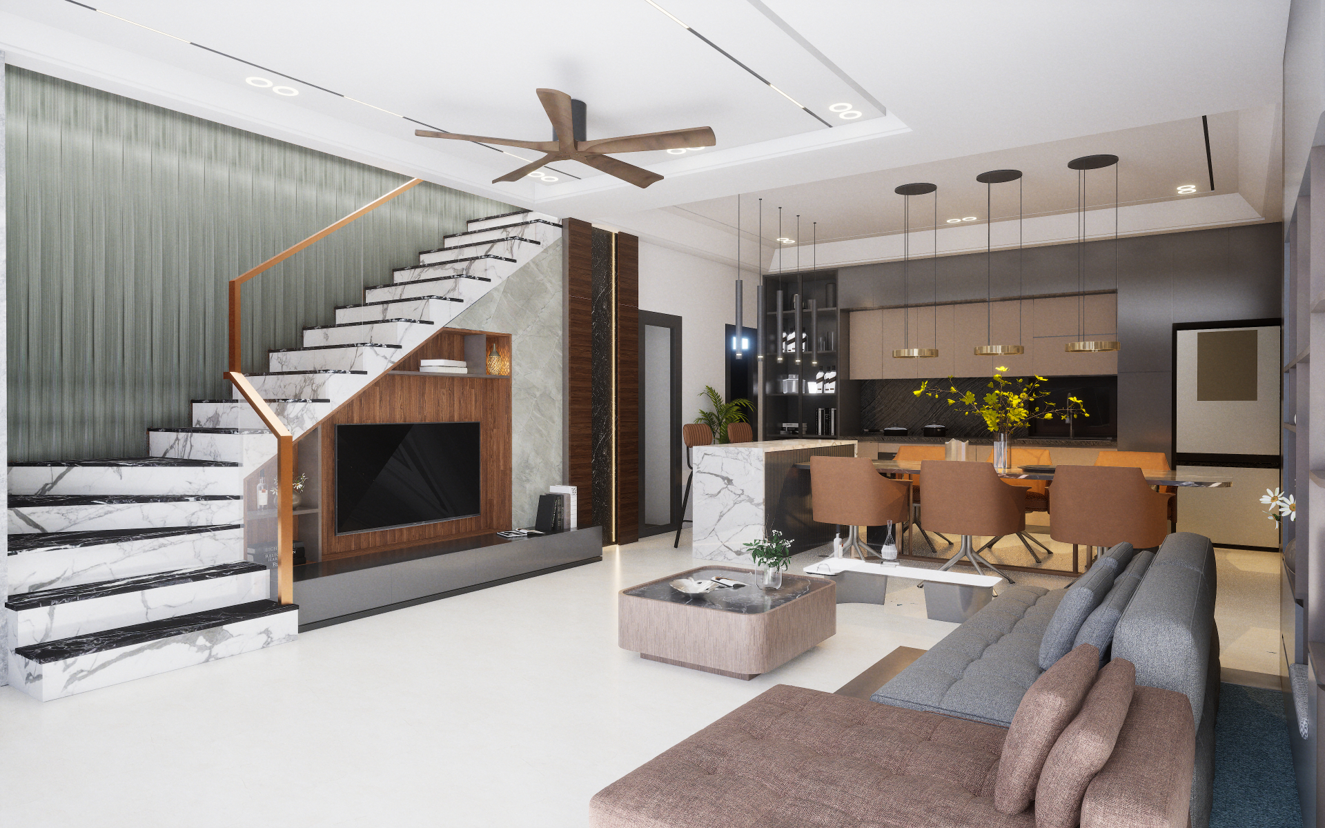 Eclectic dining and open kitchen featuring bold patterned floors and global spice rack wall display | Material Depot