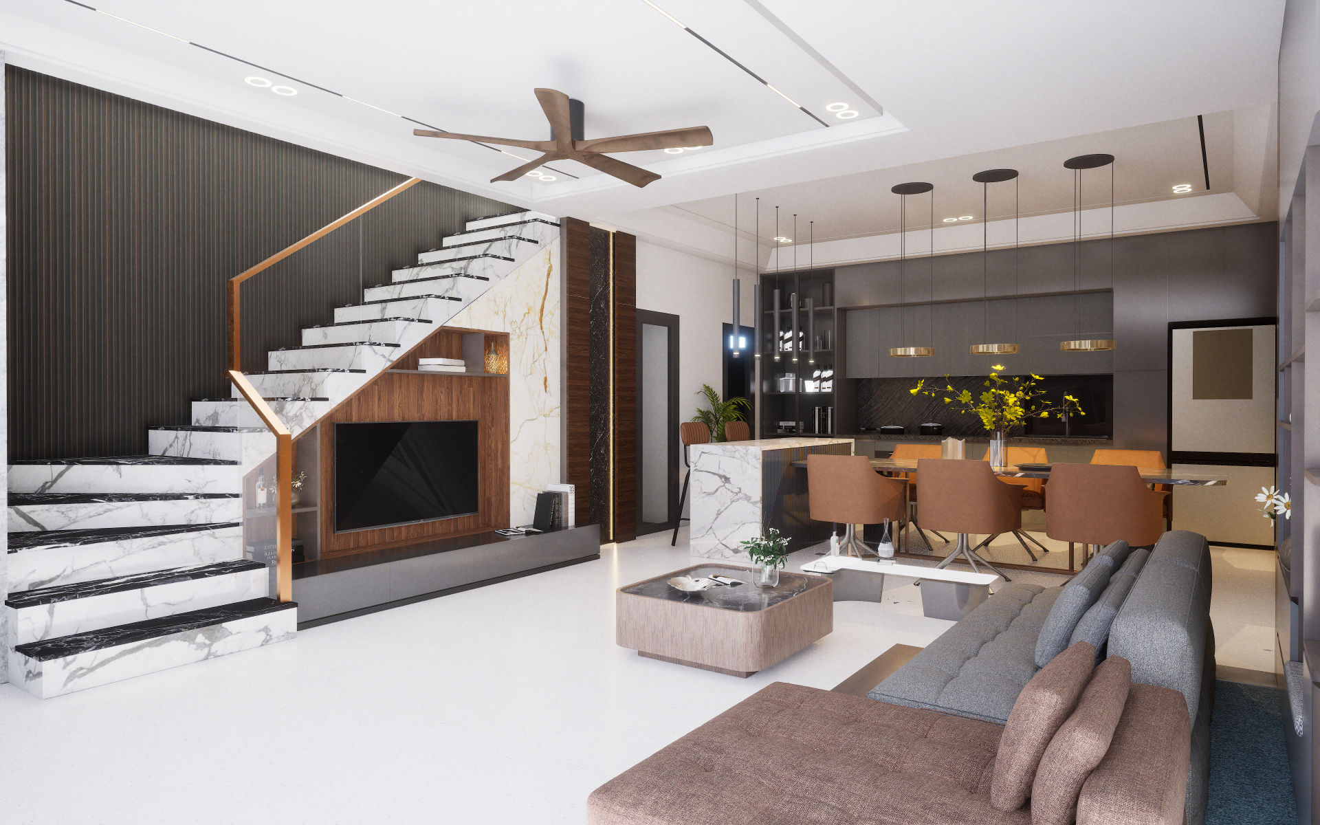 Eclectic dining and open kitchen featuring bold patterned floors and global spice rack wall display | Material Depot