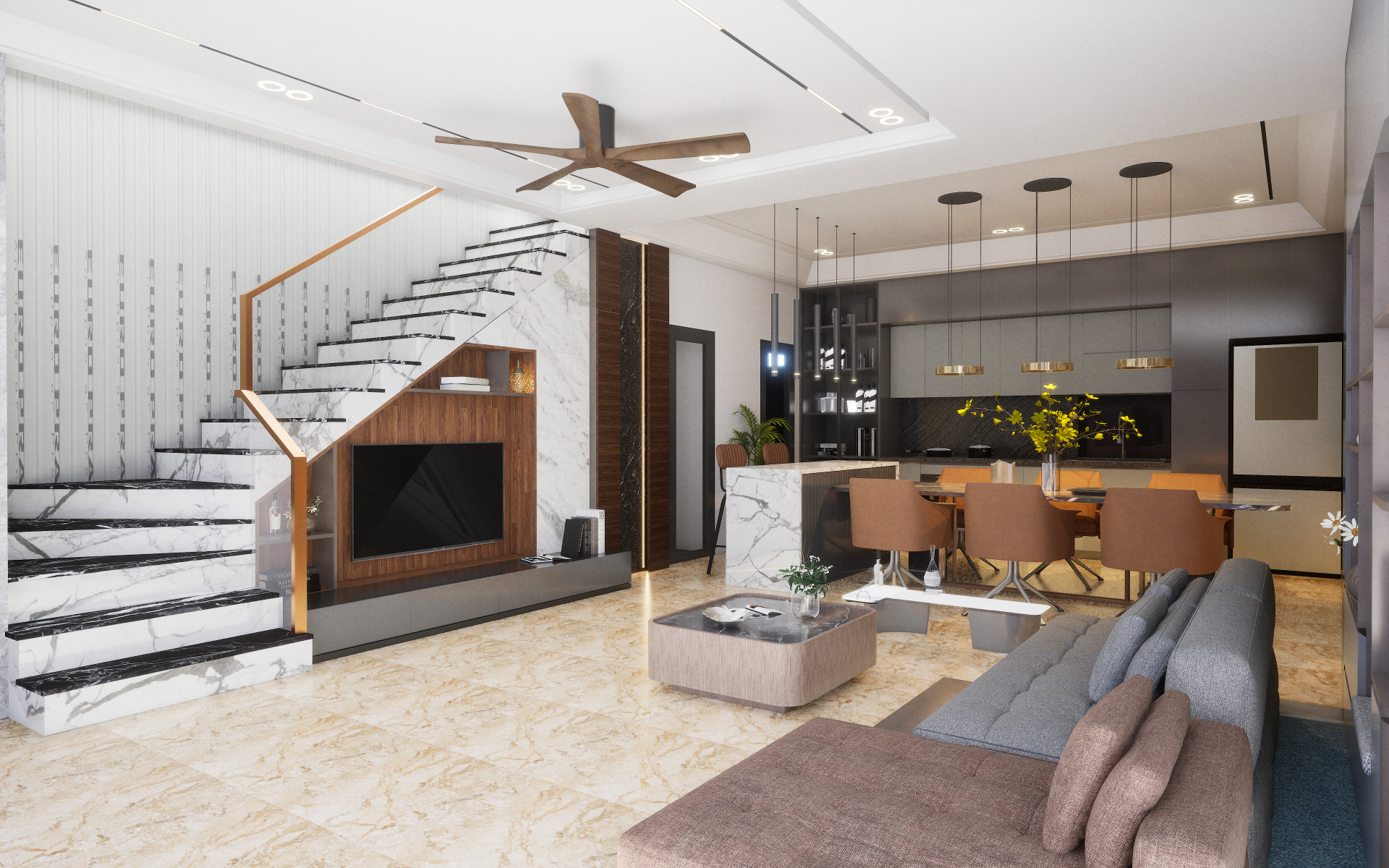 Eclectic dining and open kitchen featuring bold patterned floors and global spice rack wall display | Material Depot