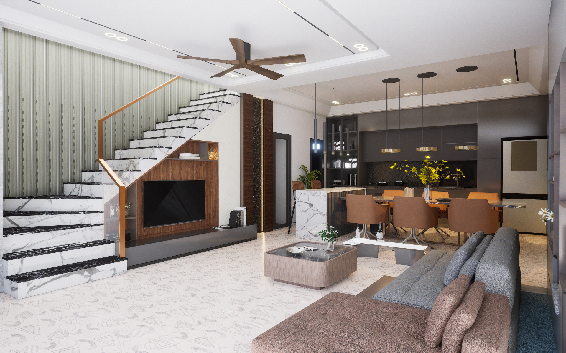 Eclectic dining and open kitchen featuring bold patterned floors and global spice rack wall display | Material Depot