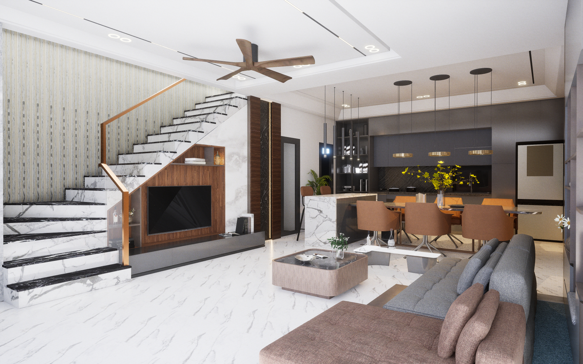 Eclectic dining and open kitchen featuring bold patterned floors and global spice rack wall display | Material Depot