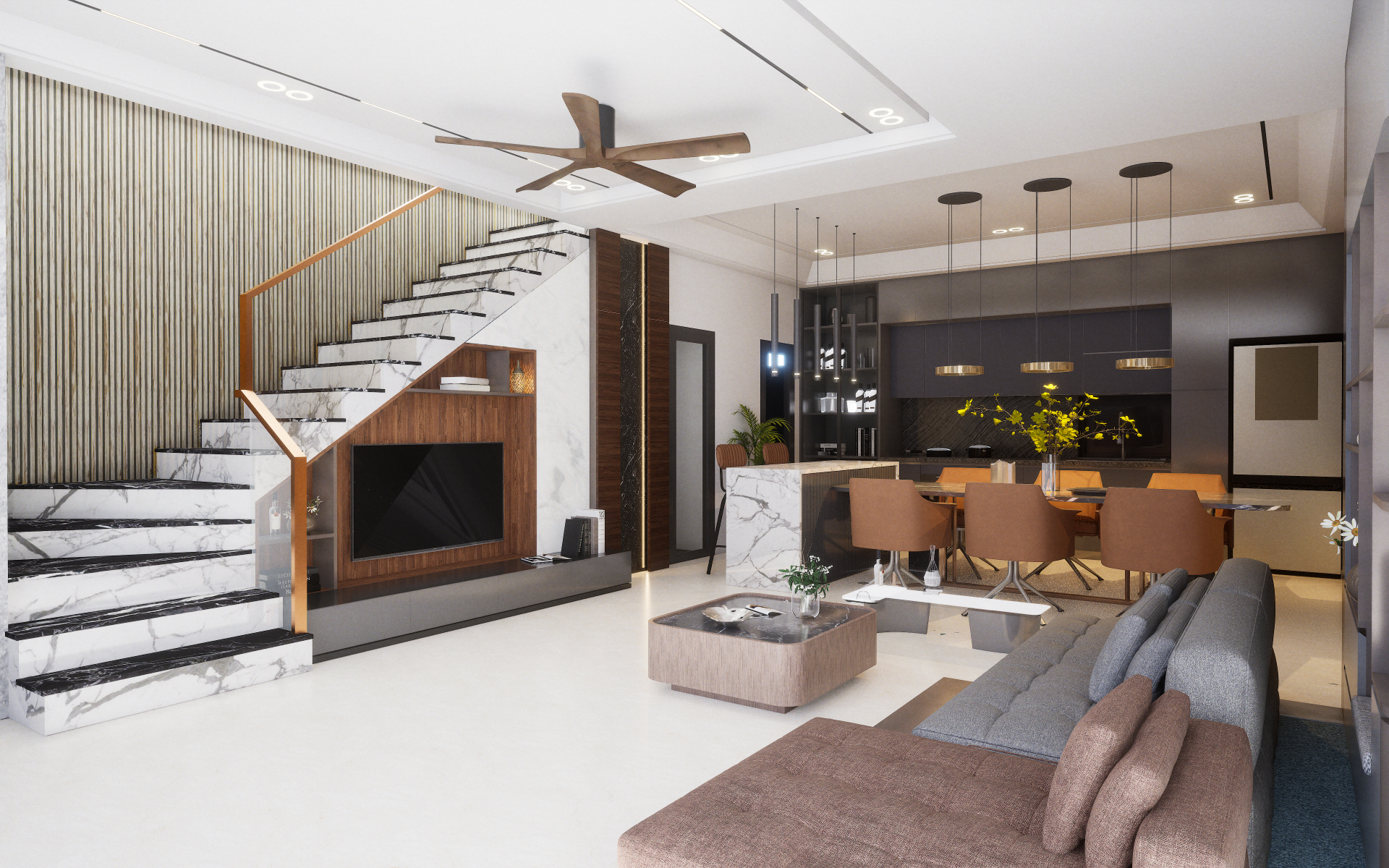 Eclectic dining and open kitchen featuring bold patterned floors and global spice rack wall display | Material Depot