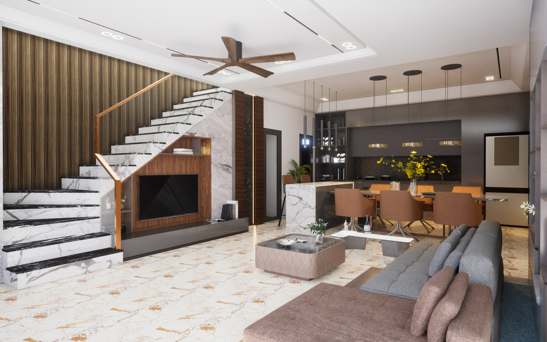 Eclectic dining and open kitchen featuring bold patterned floors and global spice rack wall display | Material Depot