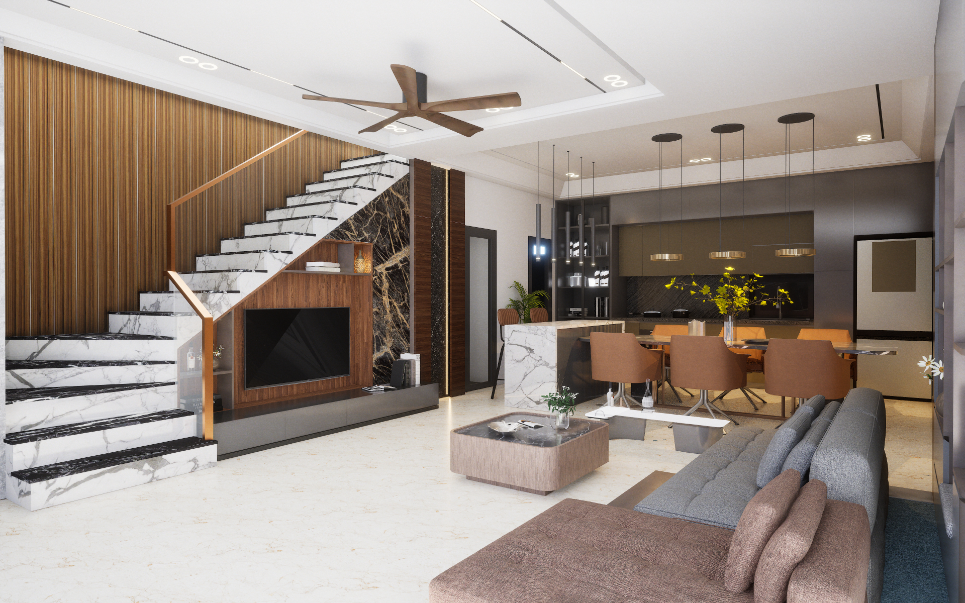 Eclectic dining and open kitchen featuring bold patterned floors and global spice rack wall display | Material Depot